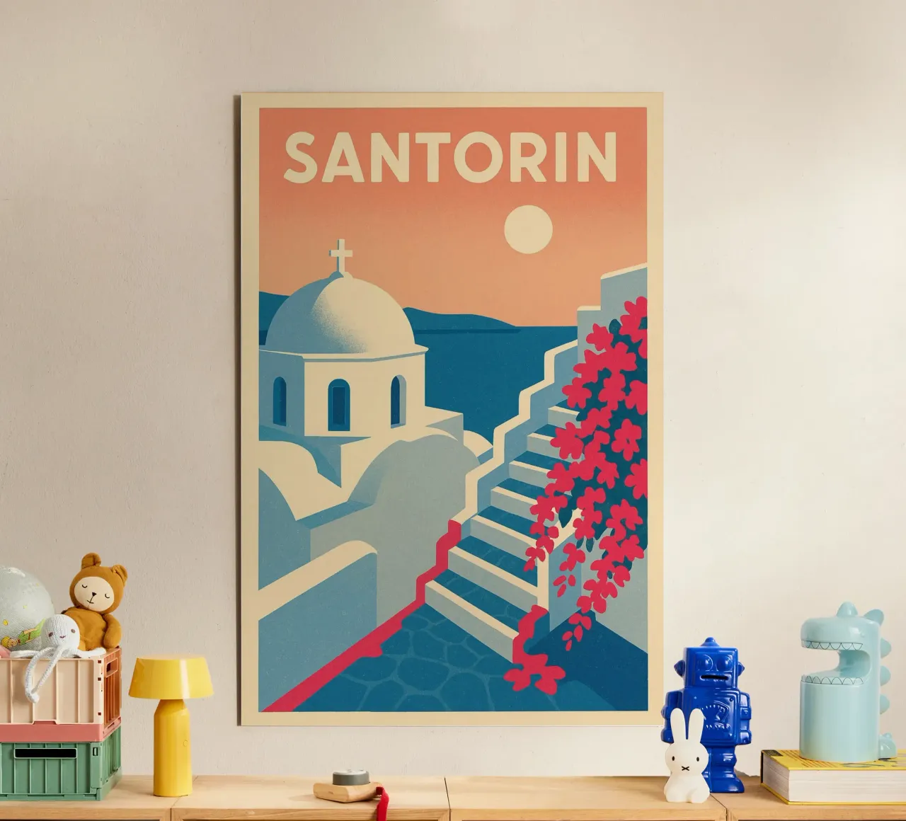 Poster di Santorini - Poster retrò di case bianche alluminio dibond da JETLAG | affiches voyage