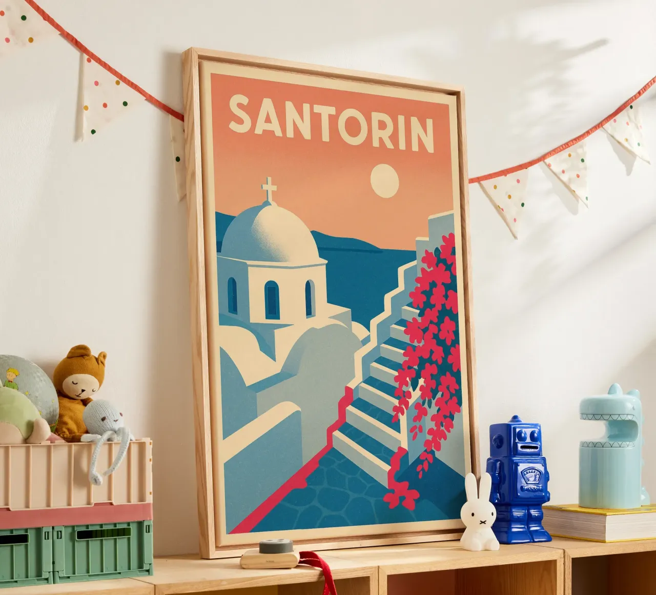 Santorini poster - Retro poster of white houses canvas with Floater frame by JETLAG | affiches voyage