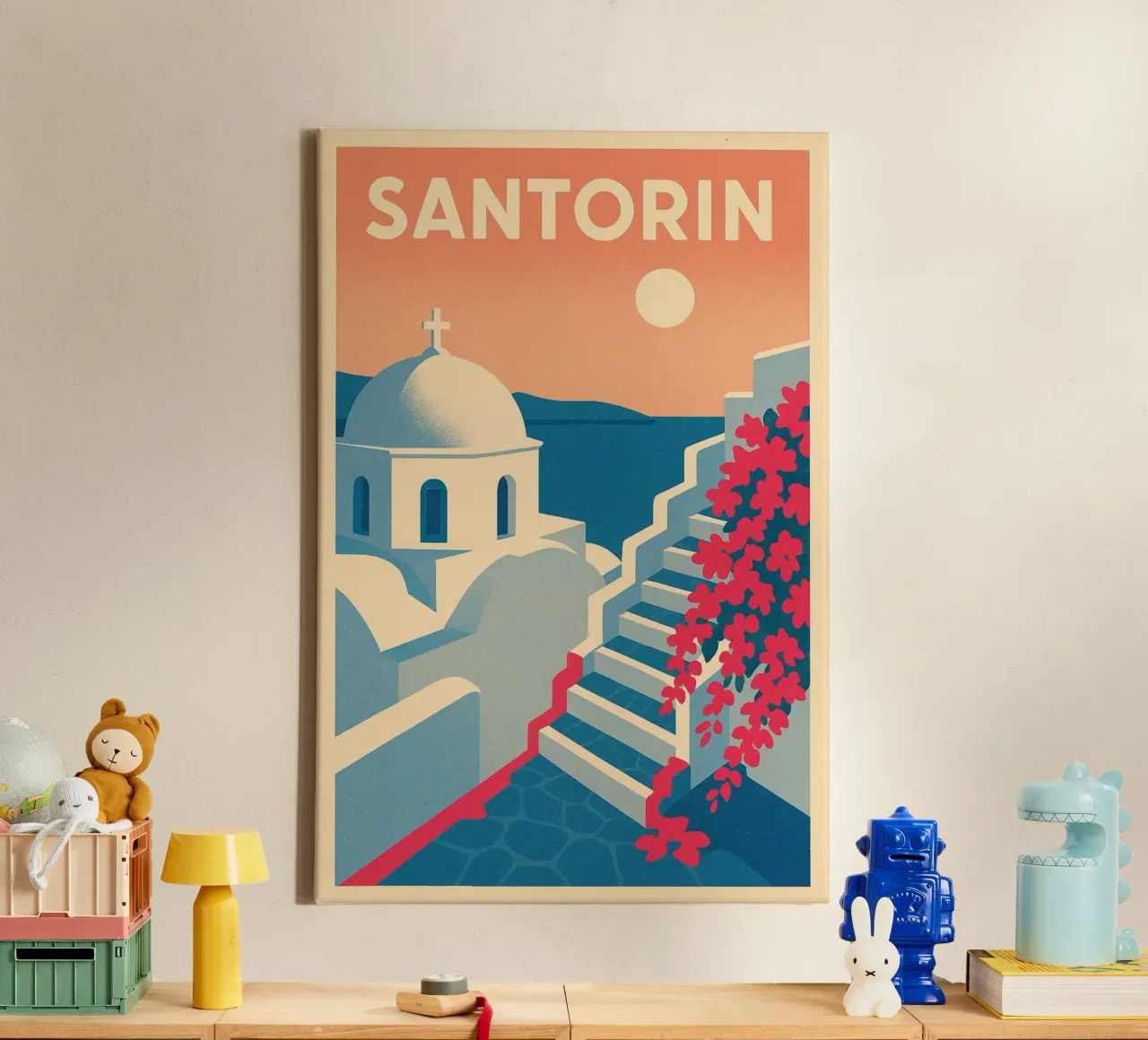 Santorini poster - Retro poster of white houses canvas with Floater frame by JETLAG | affiches voyage