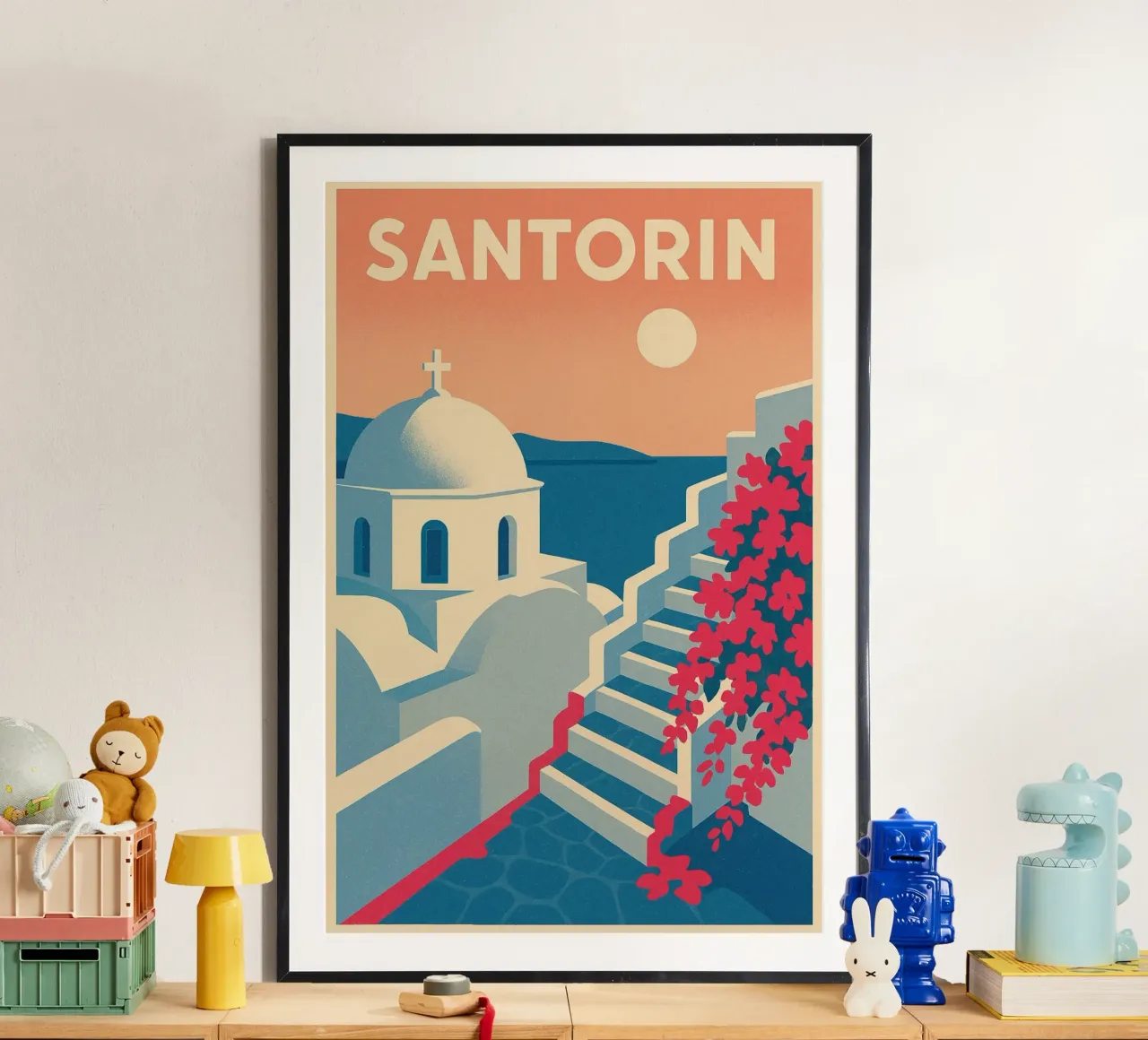 Poster Santorin - Retro-Poster von weißen Häusern Poster von JETLAG | affiches voyage