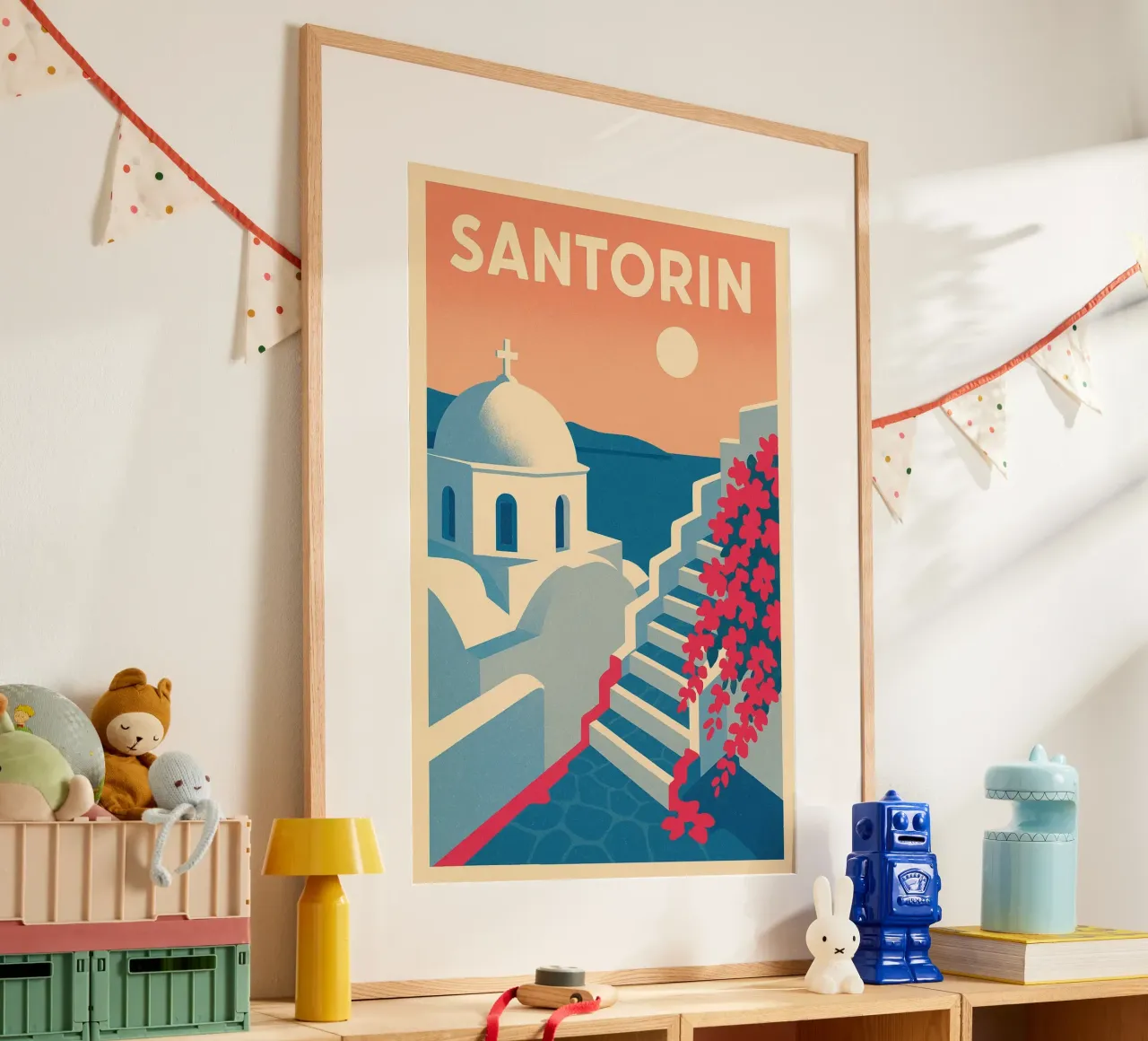 Poster Santorin - Retro-Poster von weißen Häusern Poster von JETLAG | affiches voyage