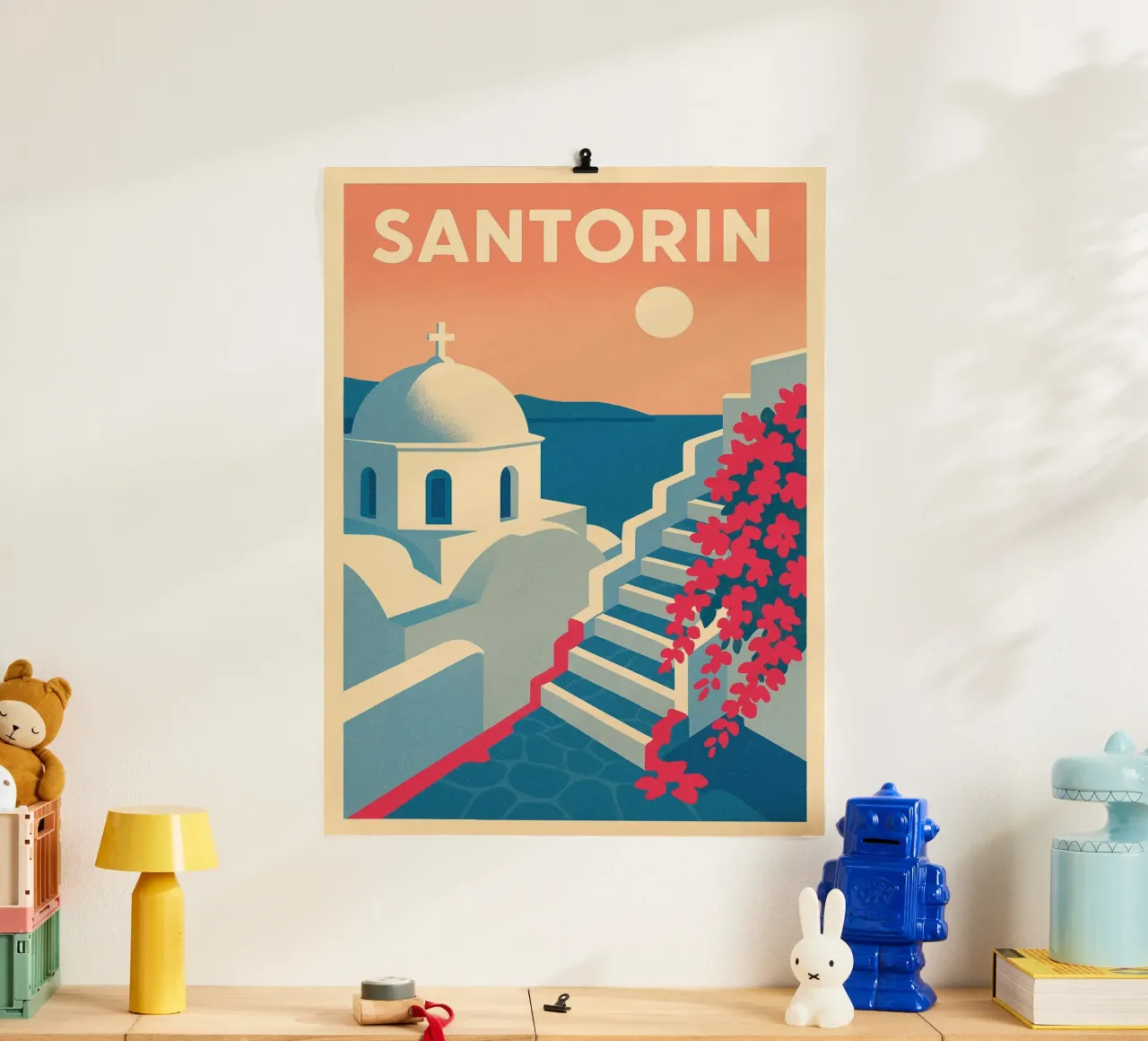 Poster Santorin - Retro-Poster von weißen Häusern Poster von JETLAG | affiches voyage