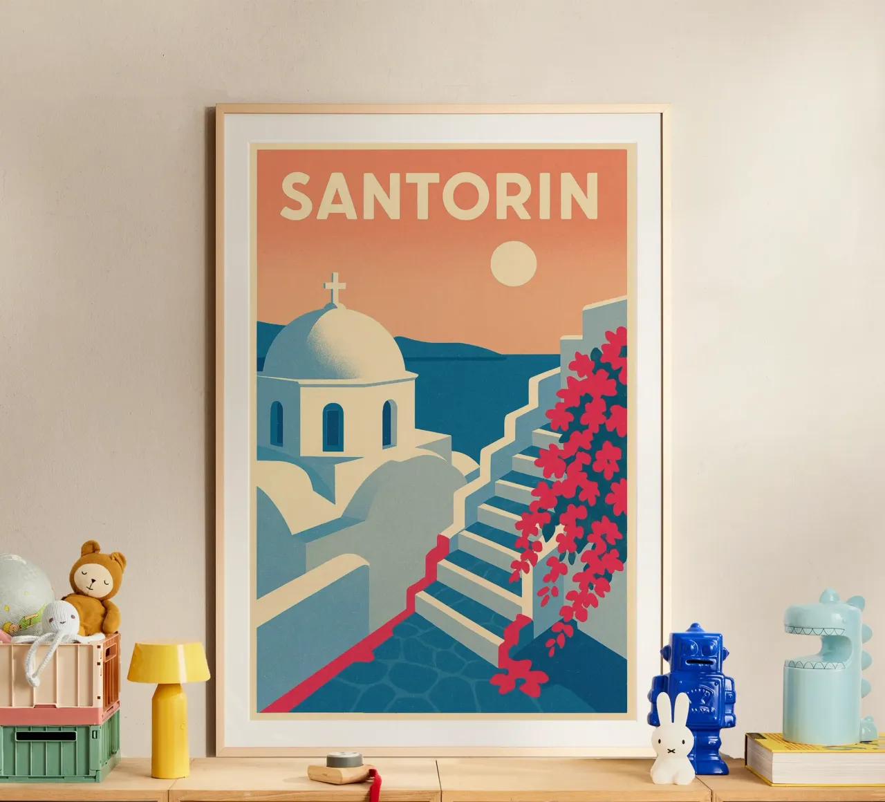 Poster Santorin - Retro-Poster von weißen Häusern Poster von JETLAG | affiches voyage