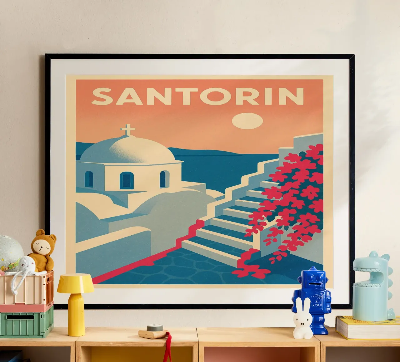 Poster Santorin - Retro-Poster von weißen Häusern Poster von JETLAG | affiches voyage