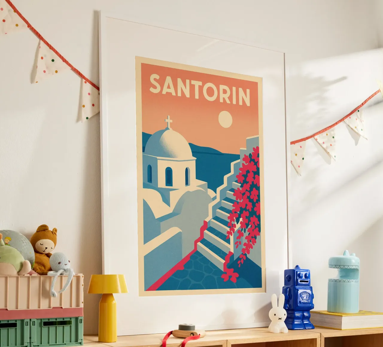 Poster Santorin - Retro-Poster von weißen Häusern Poster von JETLAG | affiches voyage
