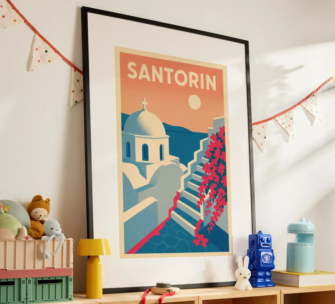 Poster Santorin - Retro-Poster von weißen Häusern Poster von JETLAG | affiches voyage