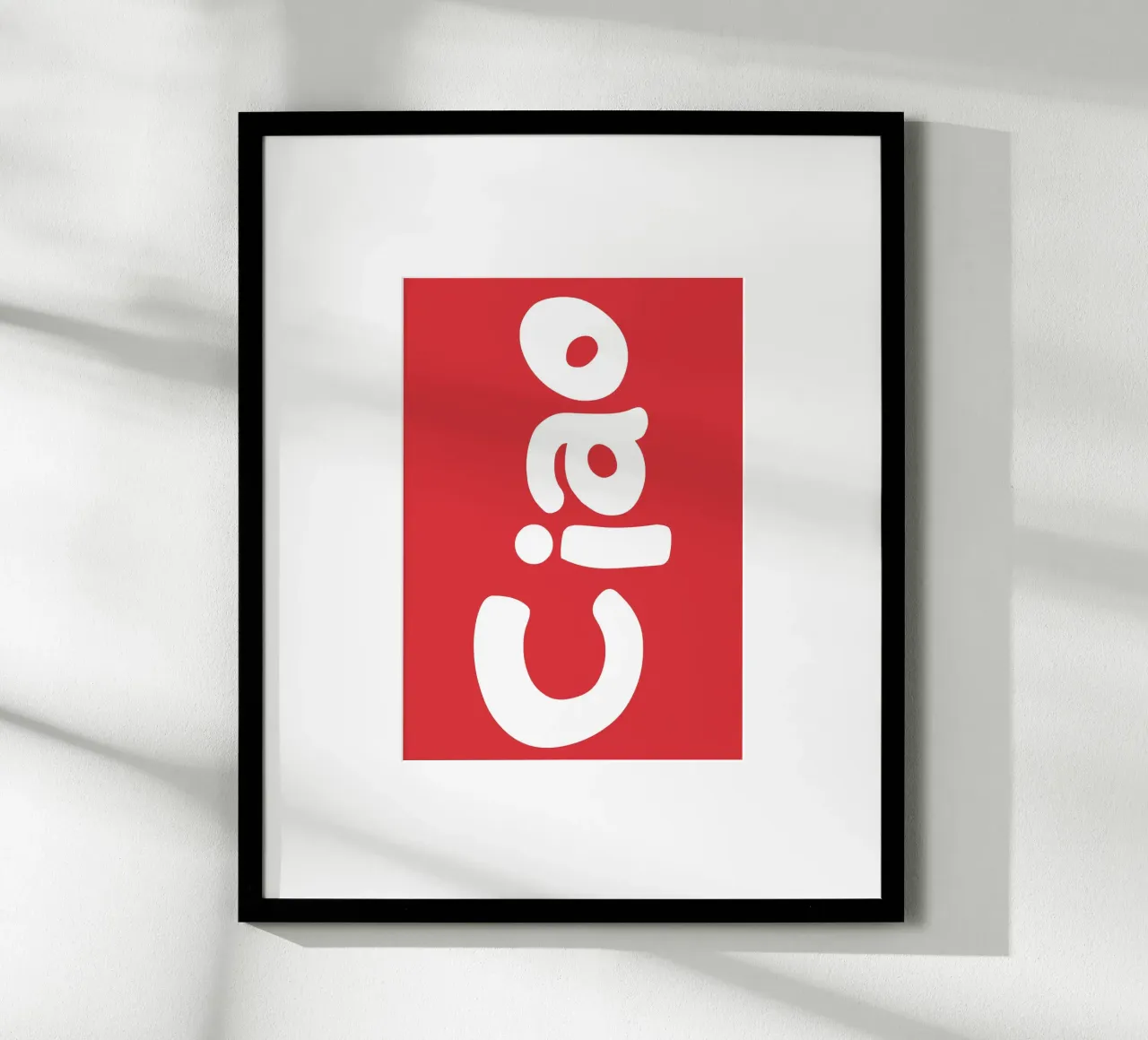 Bold Abstract Typography in White on Red Background poster with wooden frame by The Art Club