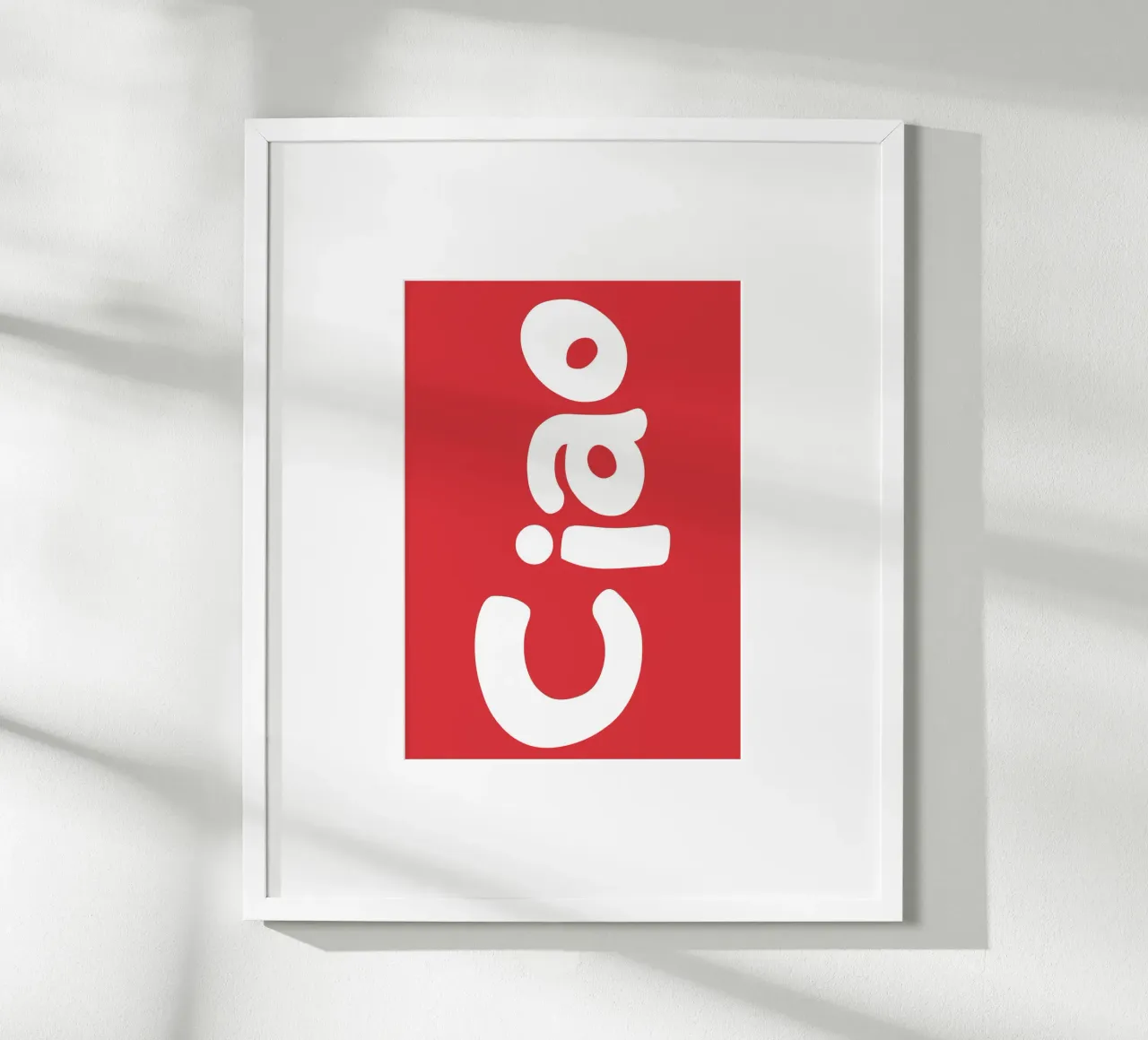 Bold Abstract Typography in White on Red Background poster with wooden frame by The Art Club