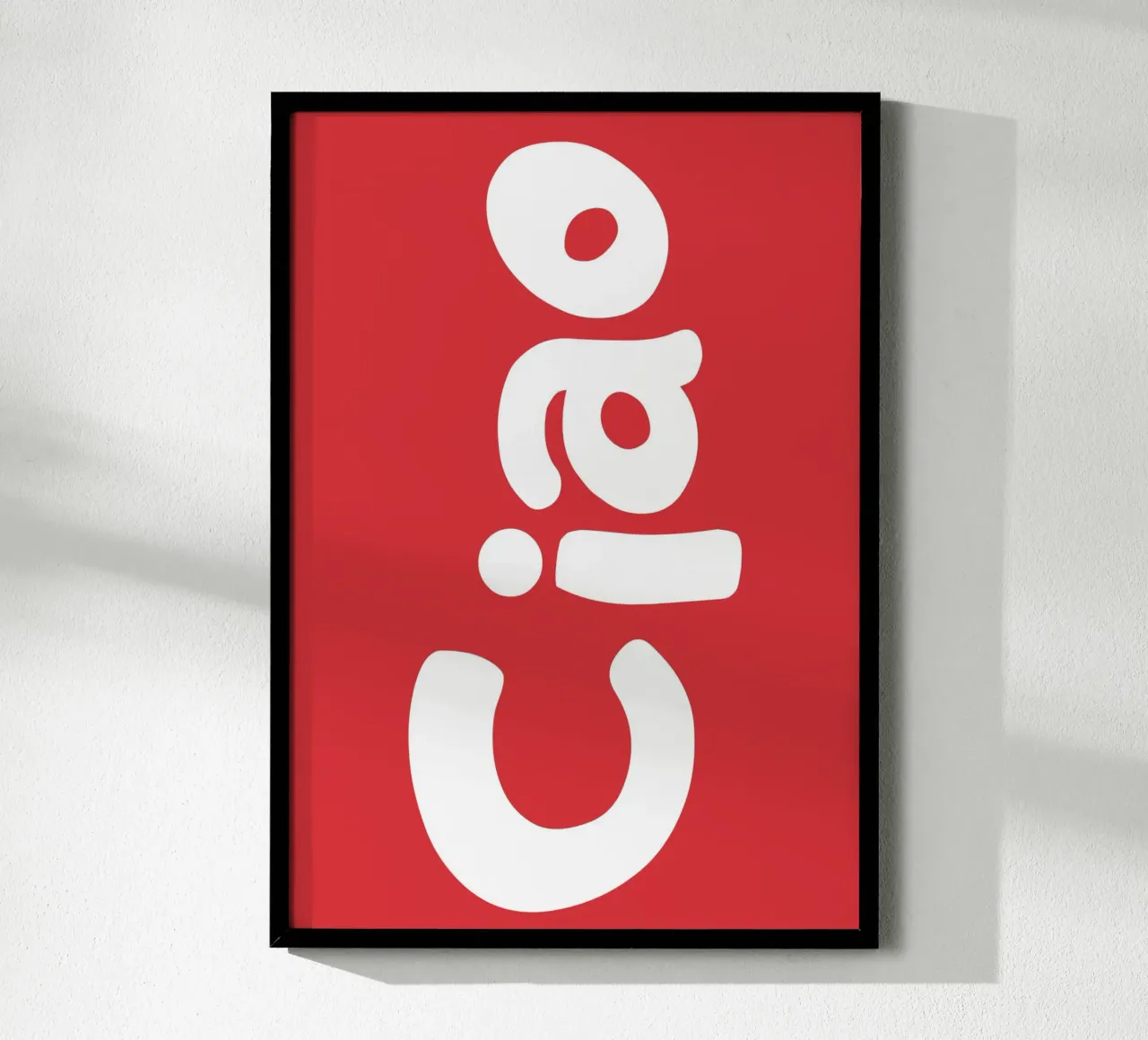 Bold Abstract Typography in White on Red Background poster with wooden frame by The Art Club