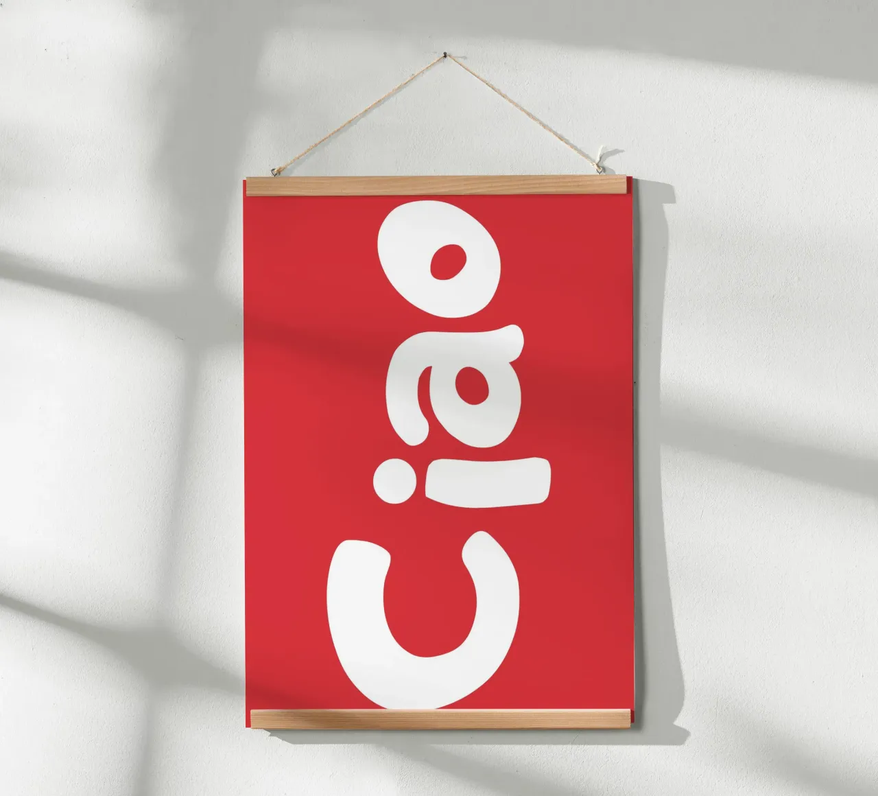 Bold Abstract Typography in White on Red Background poster with wooden frame by The Art Club