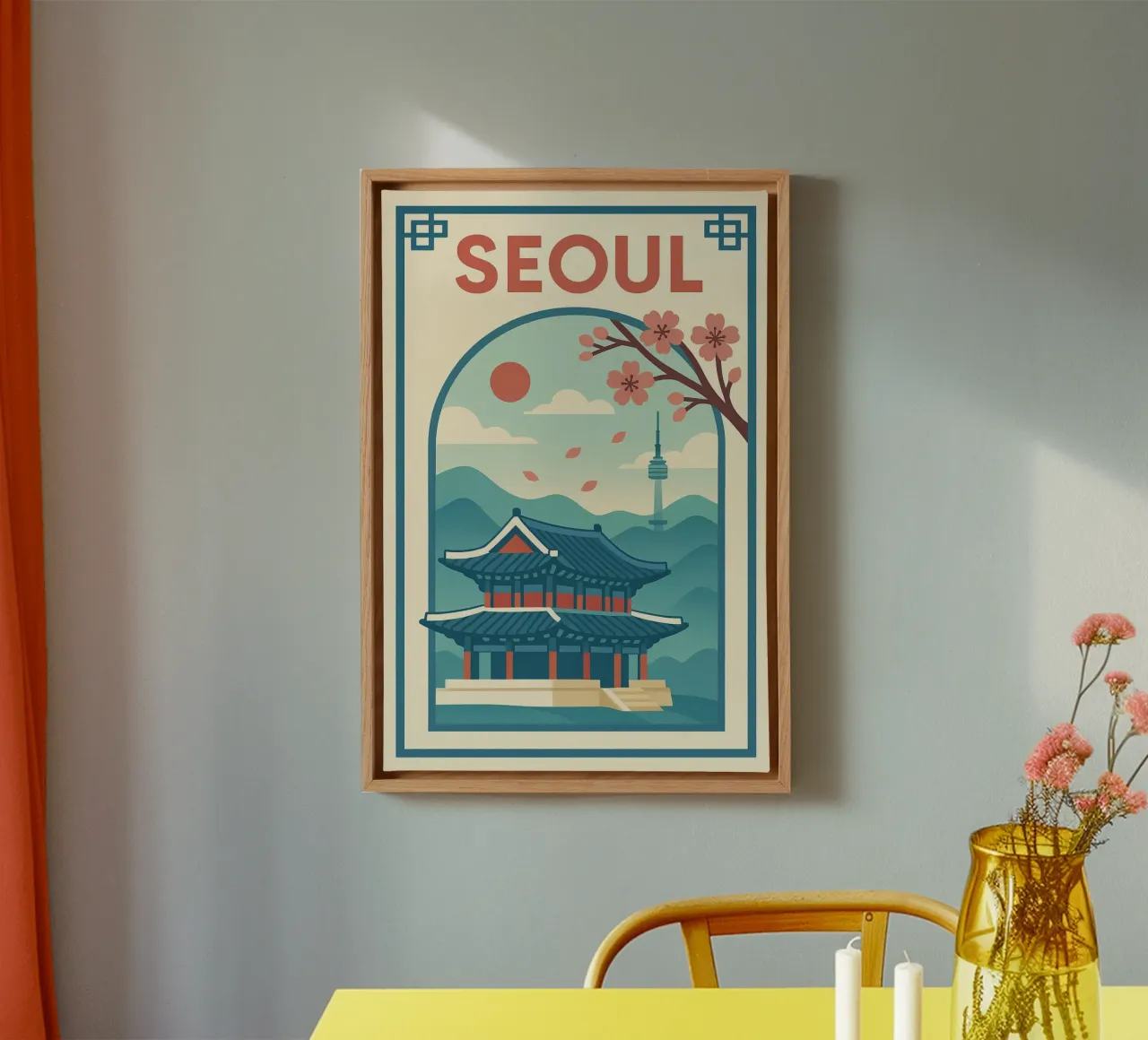 Poster di Seul - Poster d'epoca del palazzo e degli alberi di ciliegio tela con Cornice a cassetta da JETLAG | affiches voyage