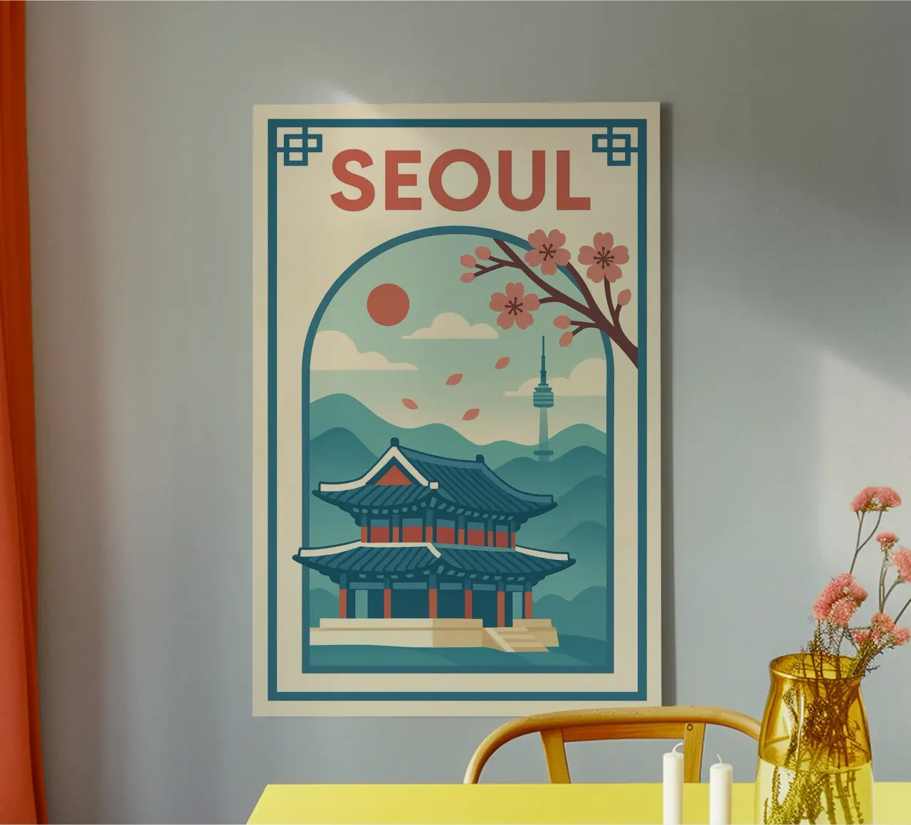 Poster di Seul - Poster d'epoca del palazzo e degli alberi di ciliegio tela con Cornice a cassetta da JETLAG | affiches voyage