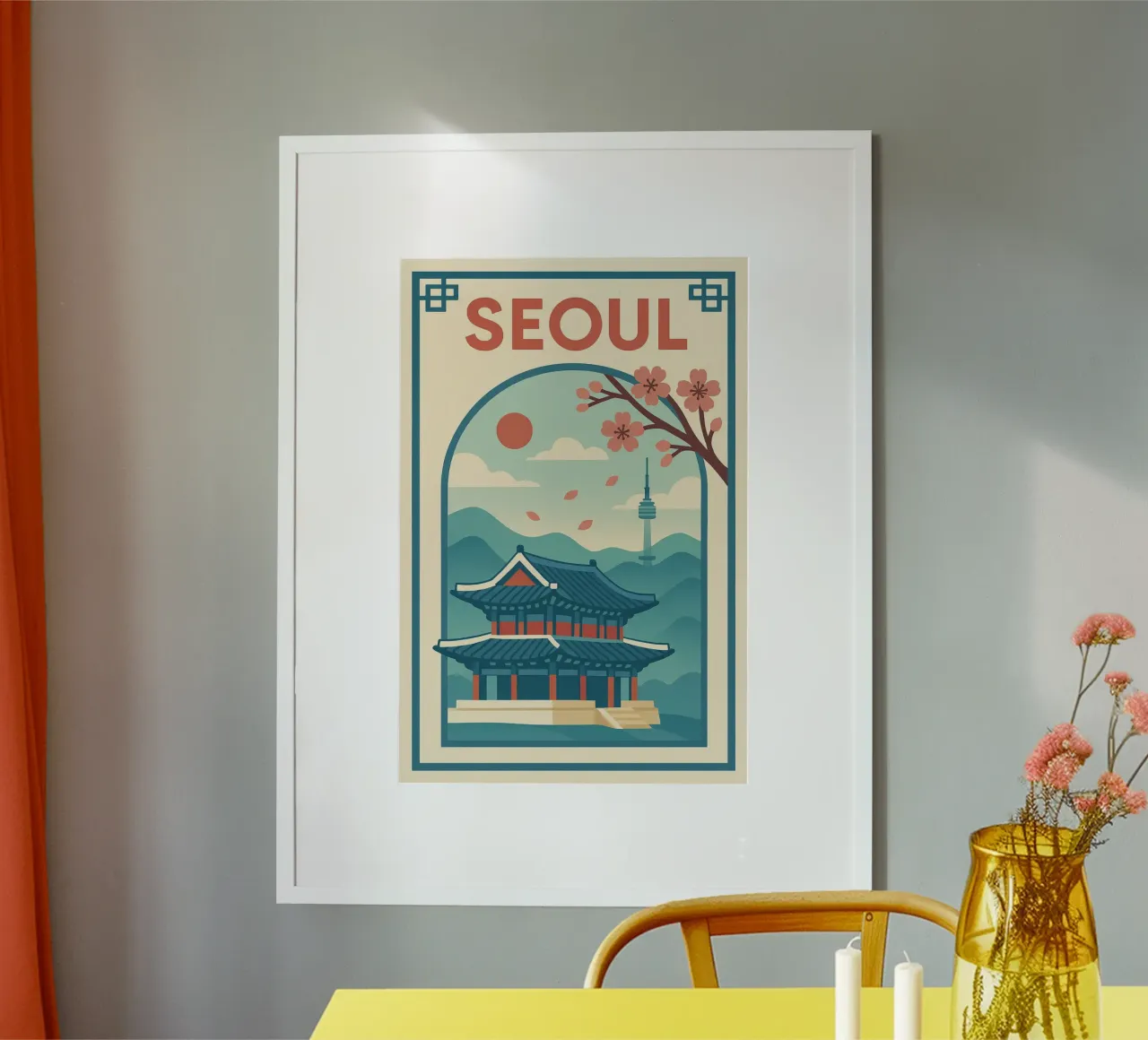 Poster di Seul - Poster d'epoca del palazzo e degli alberi di ciliegio poster con telaio in plastica da JETLAG | affiches voyage