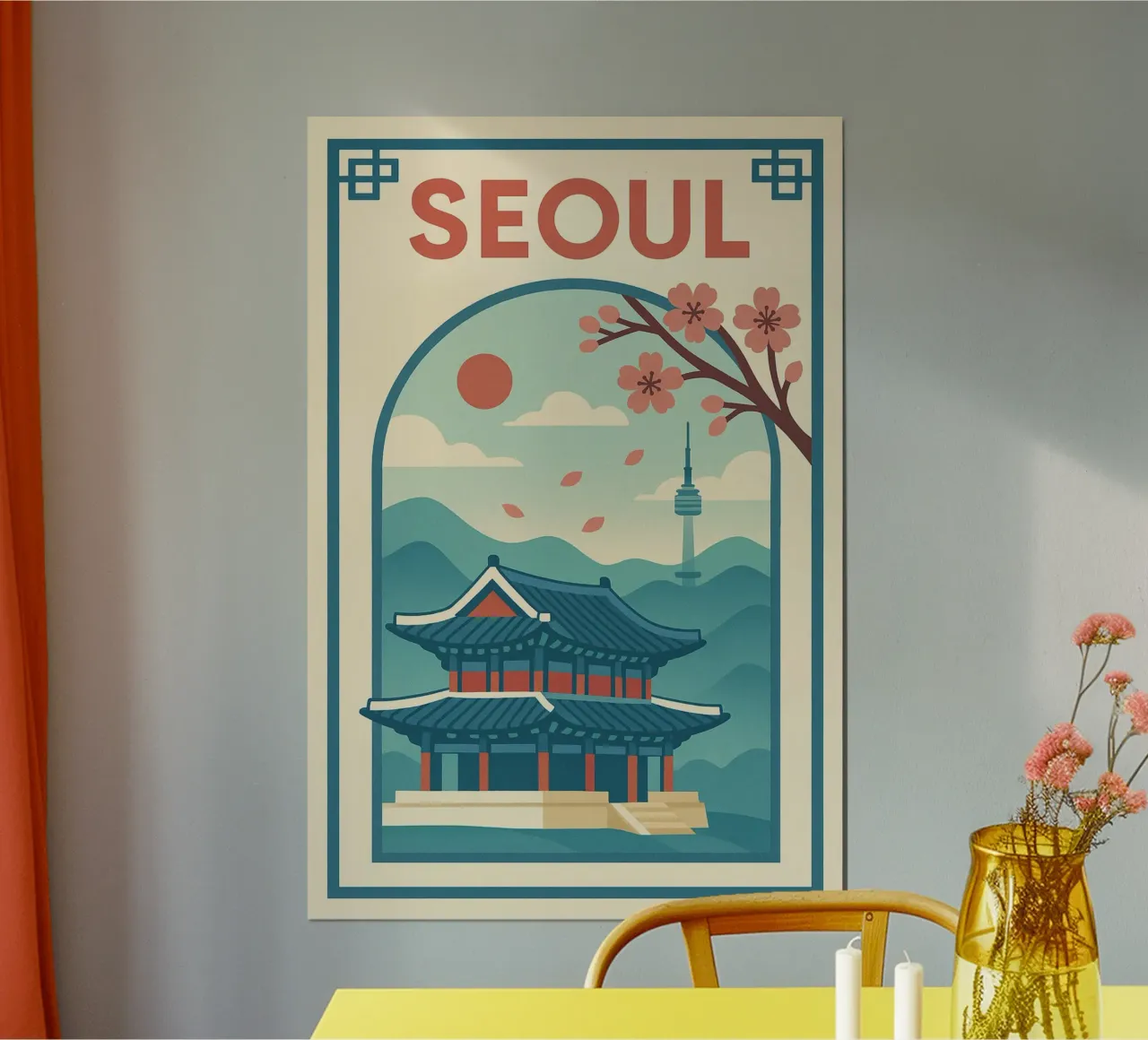 Poster di Seul - Poster d'epoca del palazzo e degli alberi di ciliegio poster con telaio in plastica da JETLAG | affiches voyage