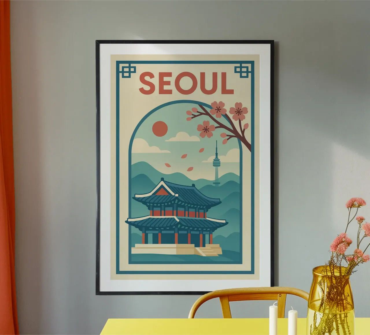 Poster di Seul - Poster d'epoca del palazzo e degli alberi di ciliegio poster con telaio in plastica da JETLAG | affiches voyage