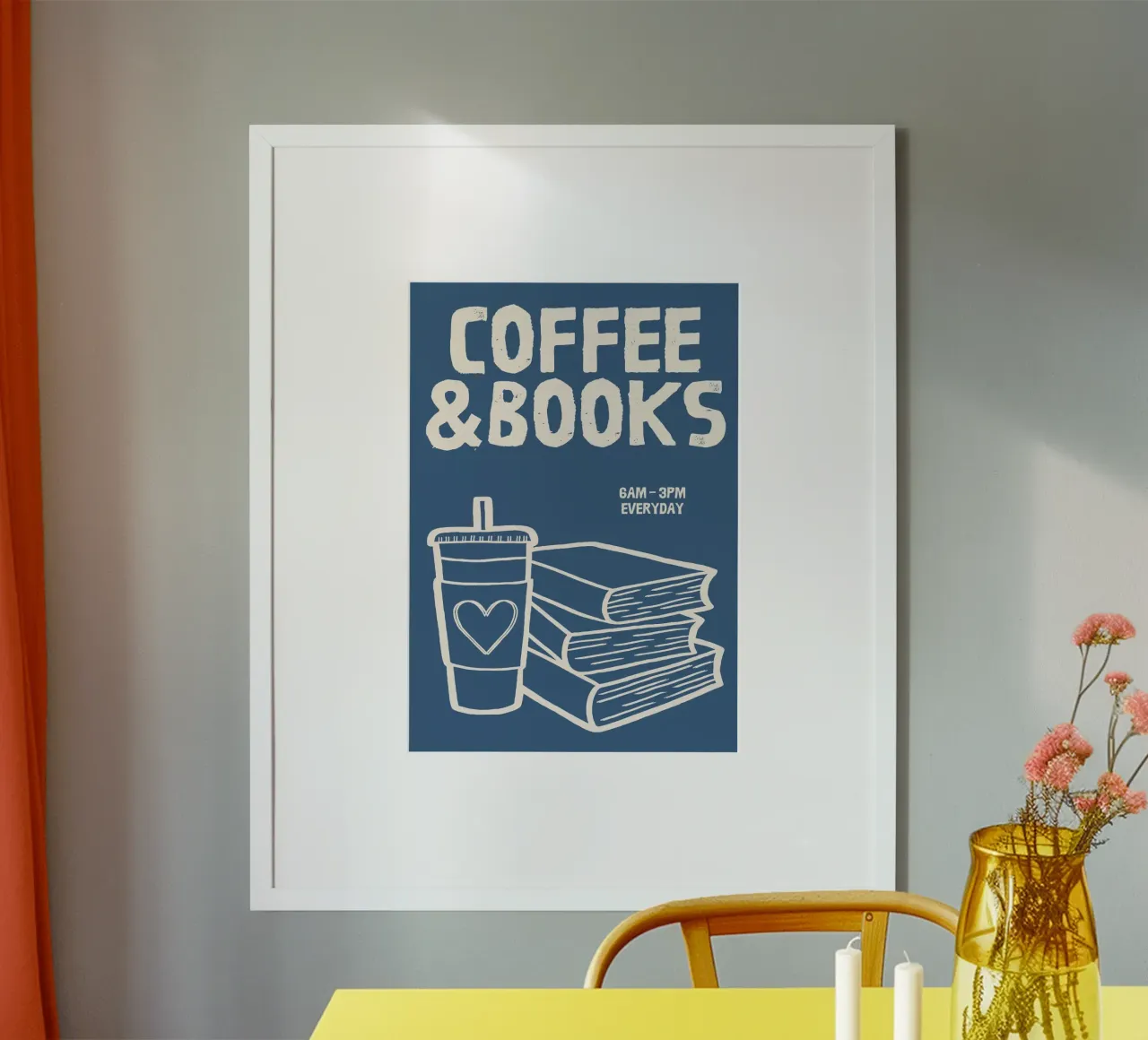 Coffee and Books Illustration – Cozy Reading and Café Vibes poster with plastic frame by The Art Club