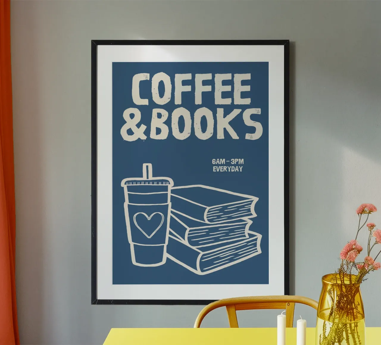 Coffee and Books Illustration – Cozy Reading and Café Vibes poster with plastic frame by The Art Club