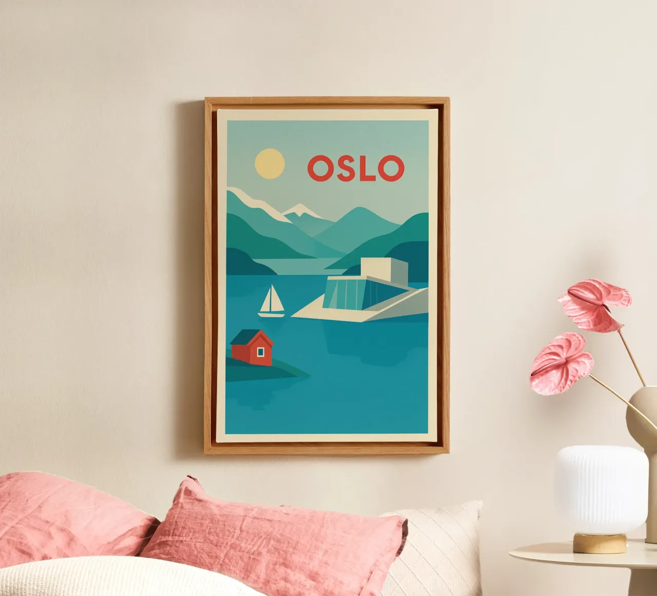 Oslo poster - Retro poster of the fjords and the modern opera house canvas with Floater frame by JETLAG | affiches voyage