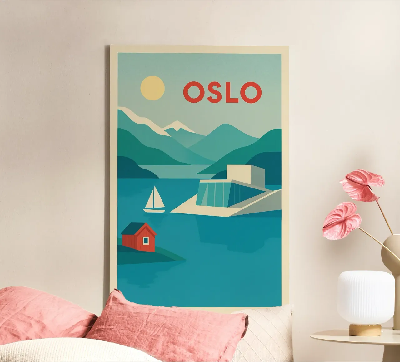Oslo poster - Retro poster of the fjords and the modern opera house canvas with Floater frame by JETLAG | affiches voyage