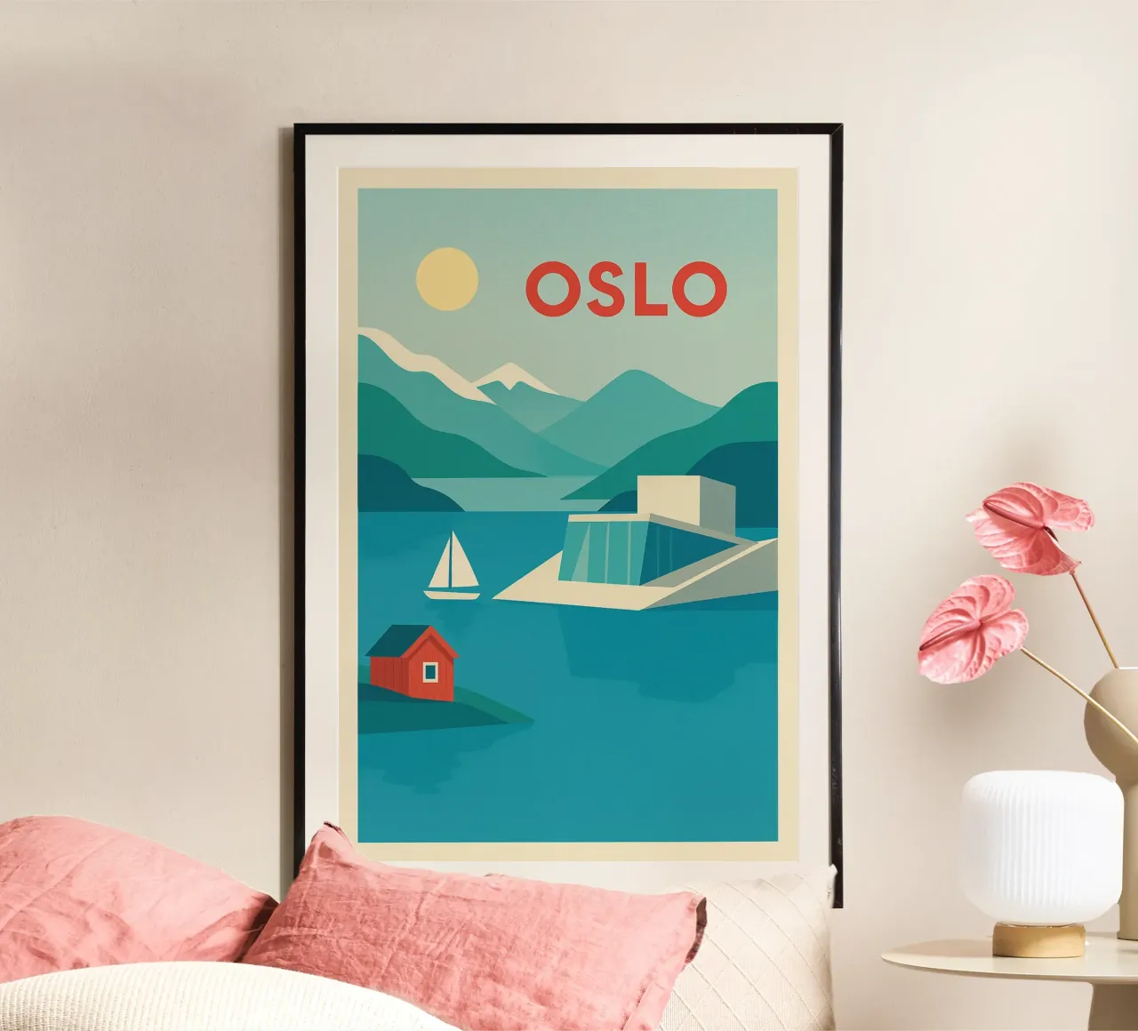 Poster di Oslo - Poster retrò dei fiordi e del moderno teatro dell'opera poster con telaio in legno da JETLAG | affiches voyage