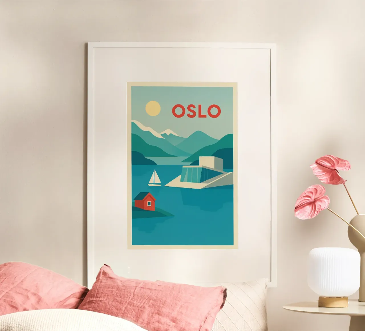 Poster di Oslo - Poster retrò dei fiordi e del moderno teatro dell'opera poster con telaio in legno da JETLAG | affiches voyage