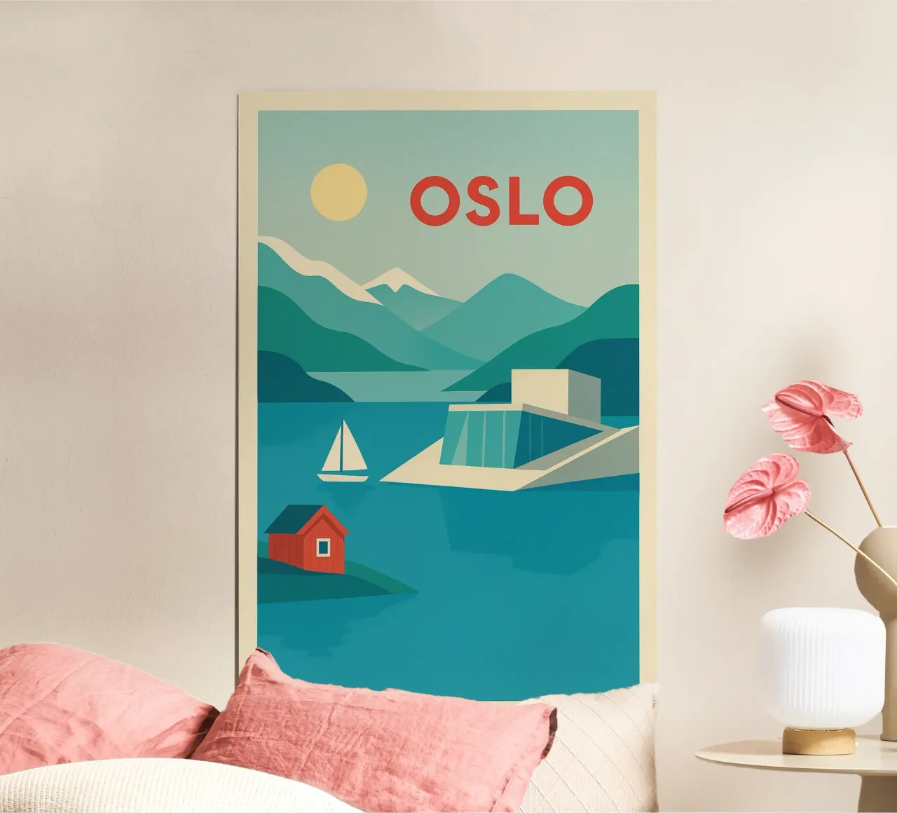 Poster di Oslo - Poster retrò dei fiordi e del moderno teatro dell'opera poster con telaio in legno da JETLAG | affiches voyage