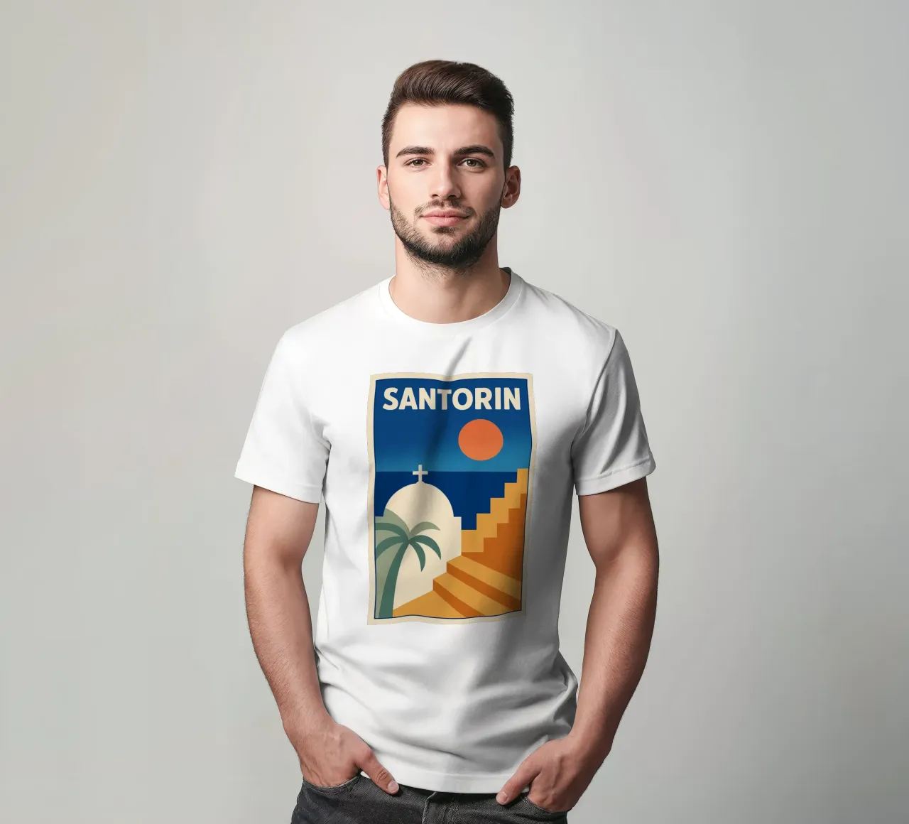 Affiche Santorin – Poster rétro minimaliste t-shirt da JETLAG | affiches voyage