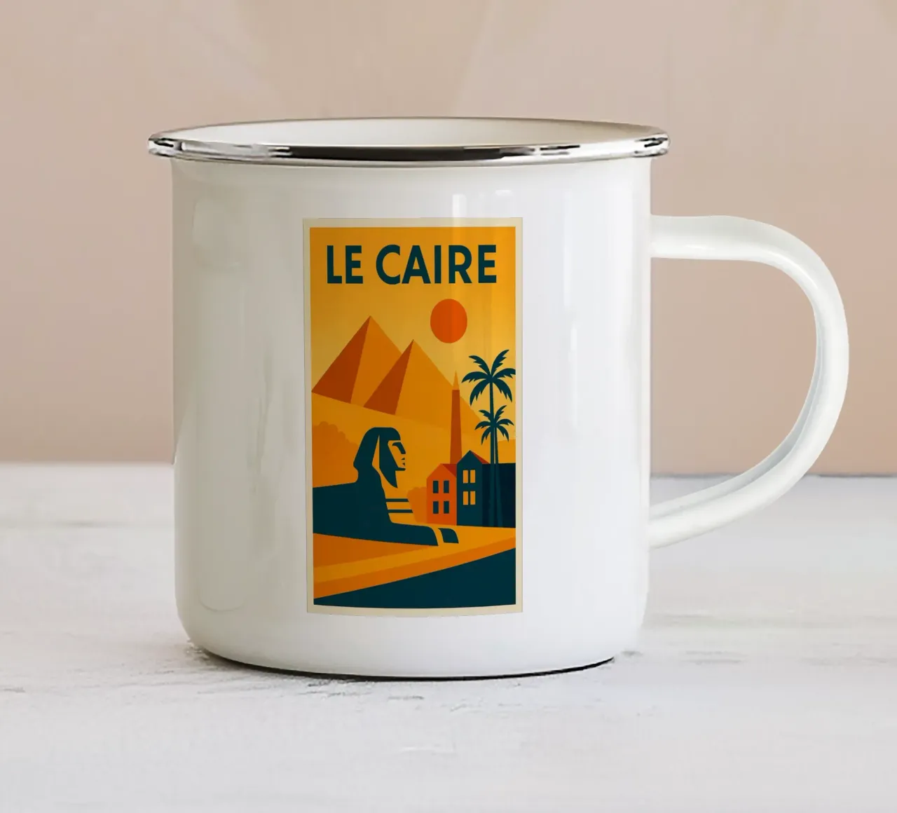 Cairo poster - Retro poster of the pyramids and the sphinx enamel mug by JETLAG | affiches voyage
