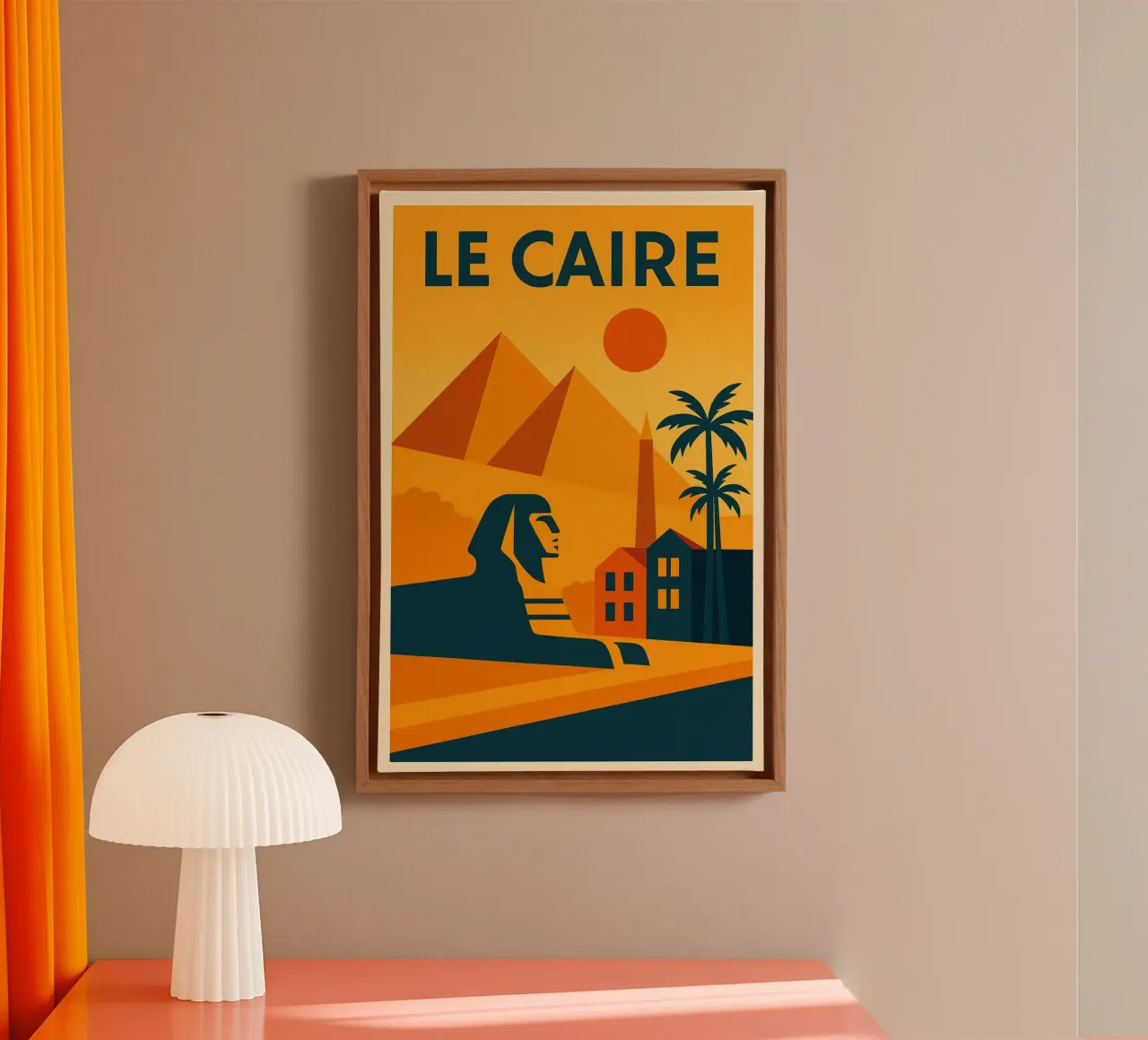 Cairo poster - Retro poster of the pyramids and the sphinx canvas with Floater frame by JETLAG | affiches voyage