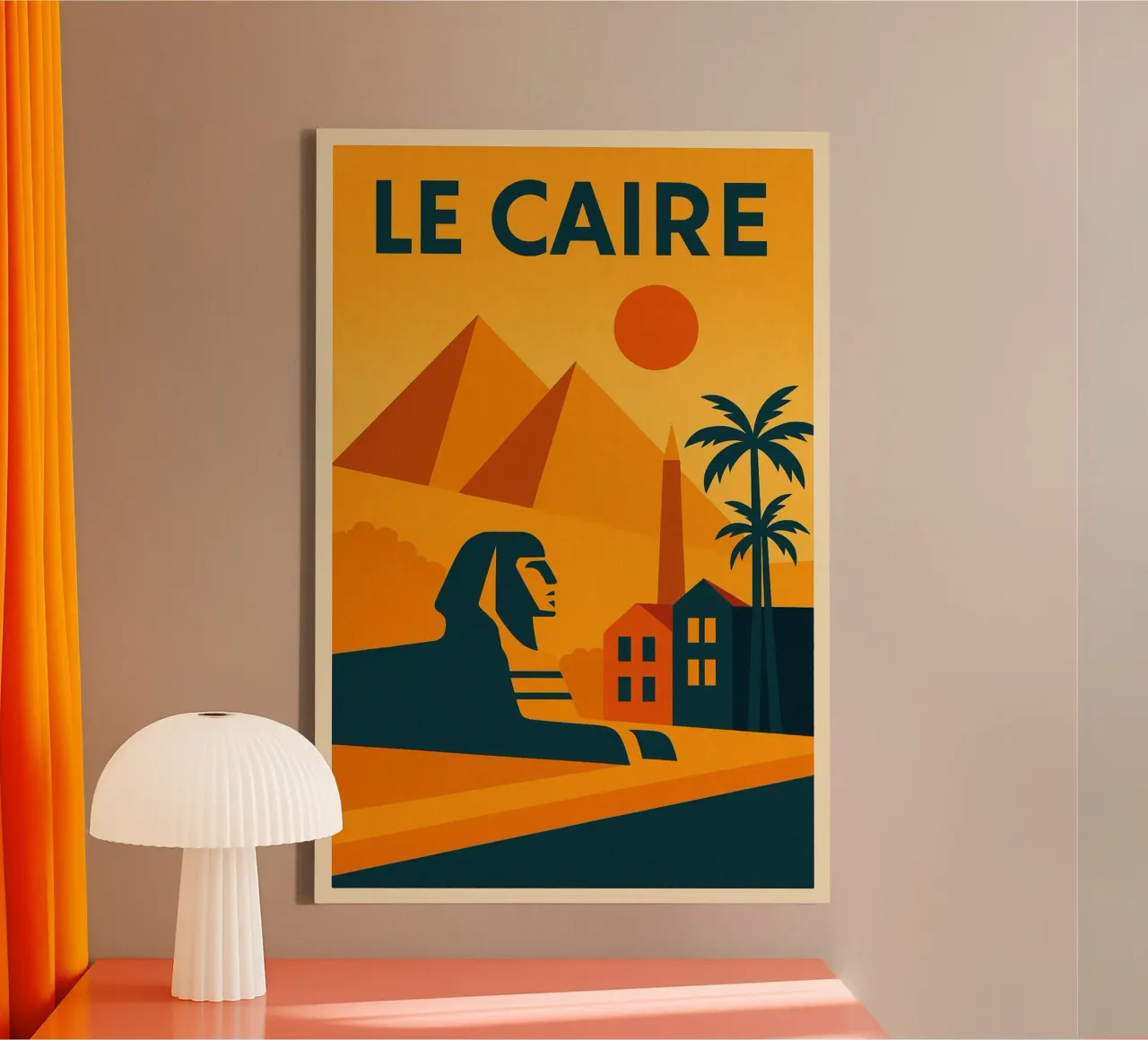 Cairo poster - Retro poster of the pyramids and the sphinx canvas with Floater frame by JETLAG | affiches voyage
