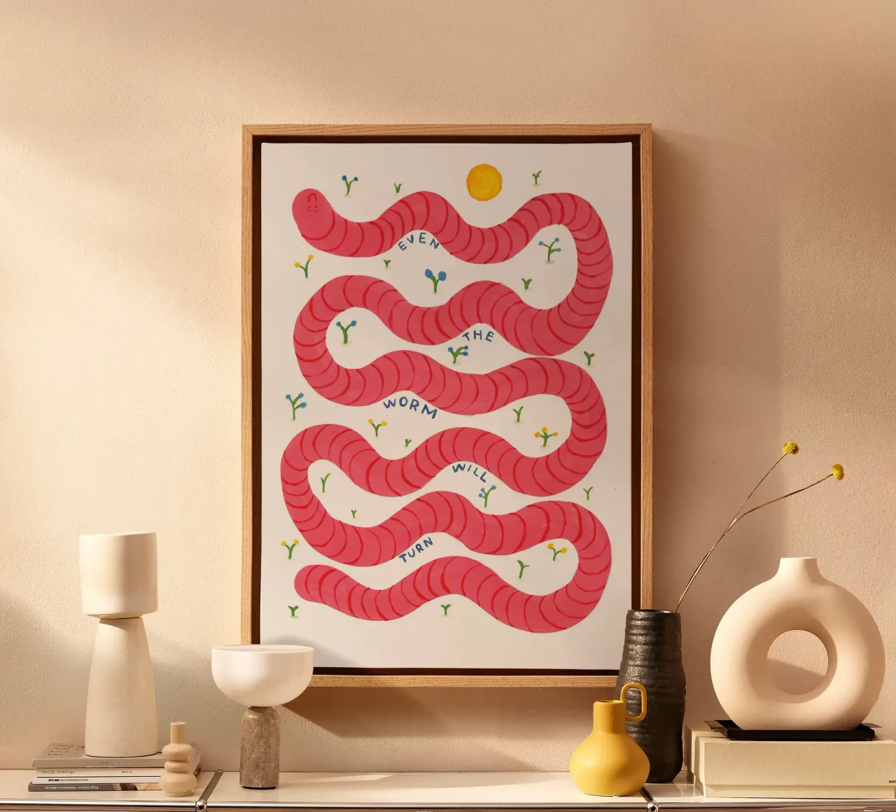 Auch der Wurm wird sich drehen Leinwand mit Schattenfugenrahmen von Alex Foster