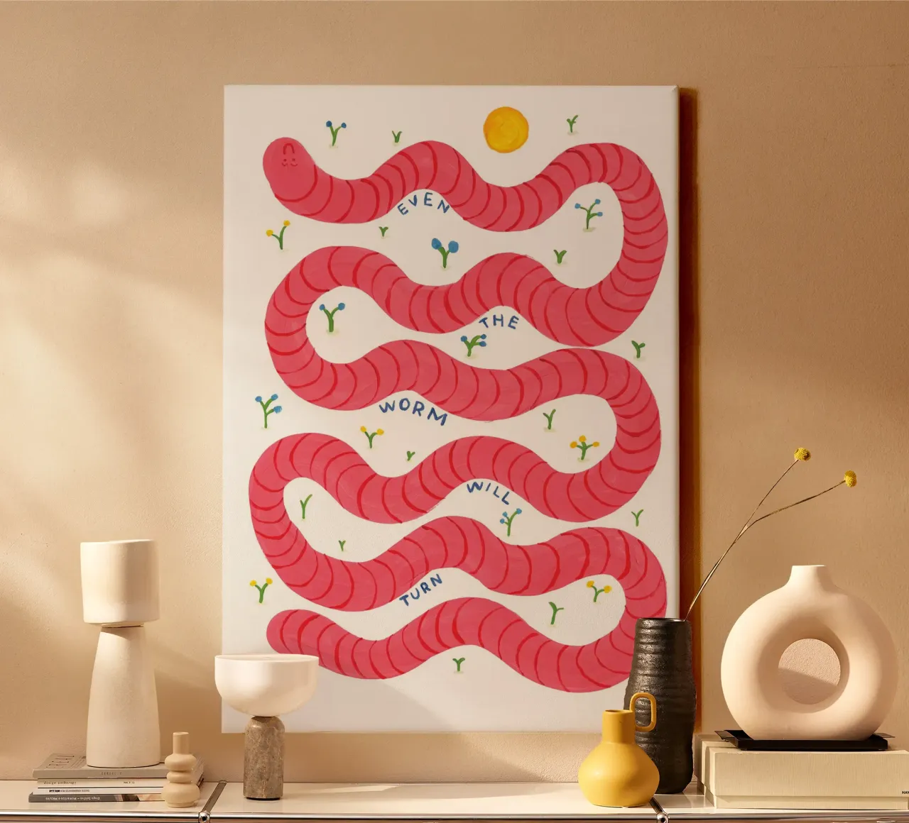 Auch der Wurm wird sich drehen Leinwand mit Schattenfugenrahmen von Alex Foster