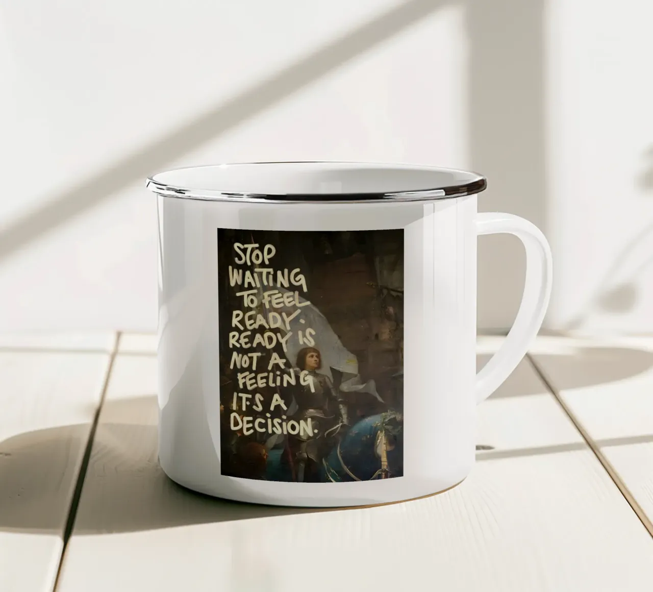 STOP WAITING TO FEEL tazza in smalto da Type & Tape