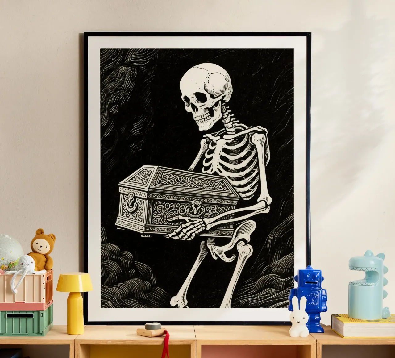 coffin skull man poster con telaio in alluminio da knowledge
