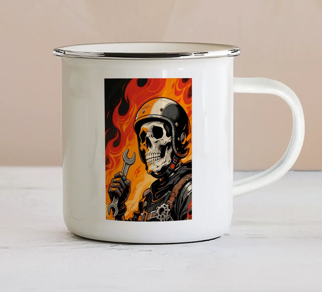 motorcycle mechanic skull tazza in smalto da knowledge