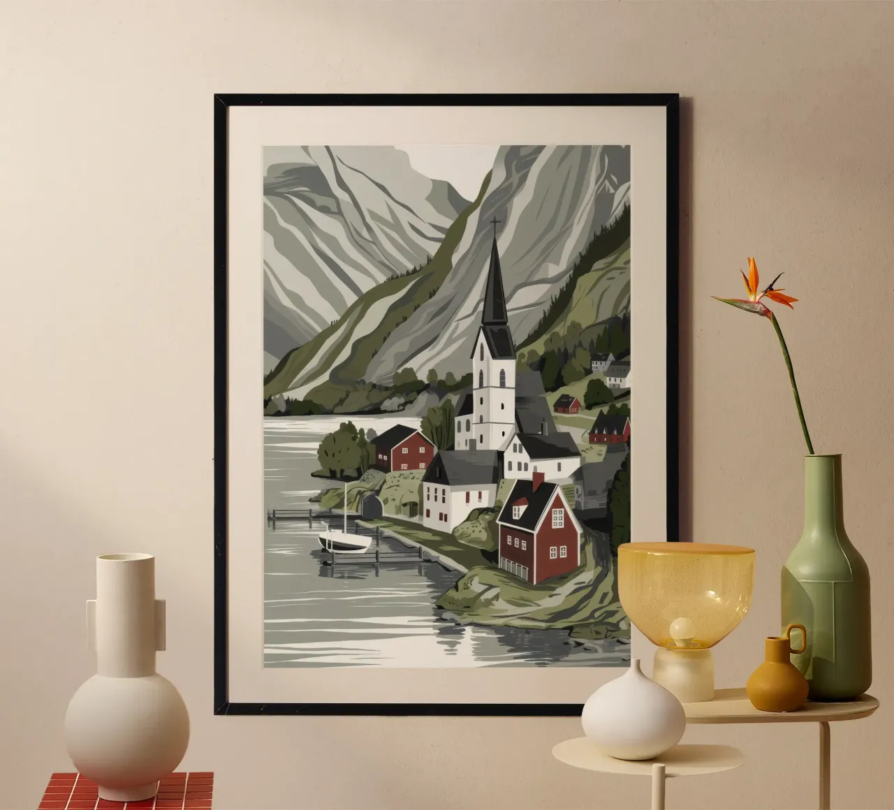 Borgo delle Montagne Nebbiose poster con telaio in alluminio da Heaven Craft