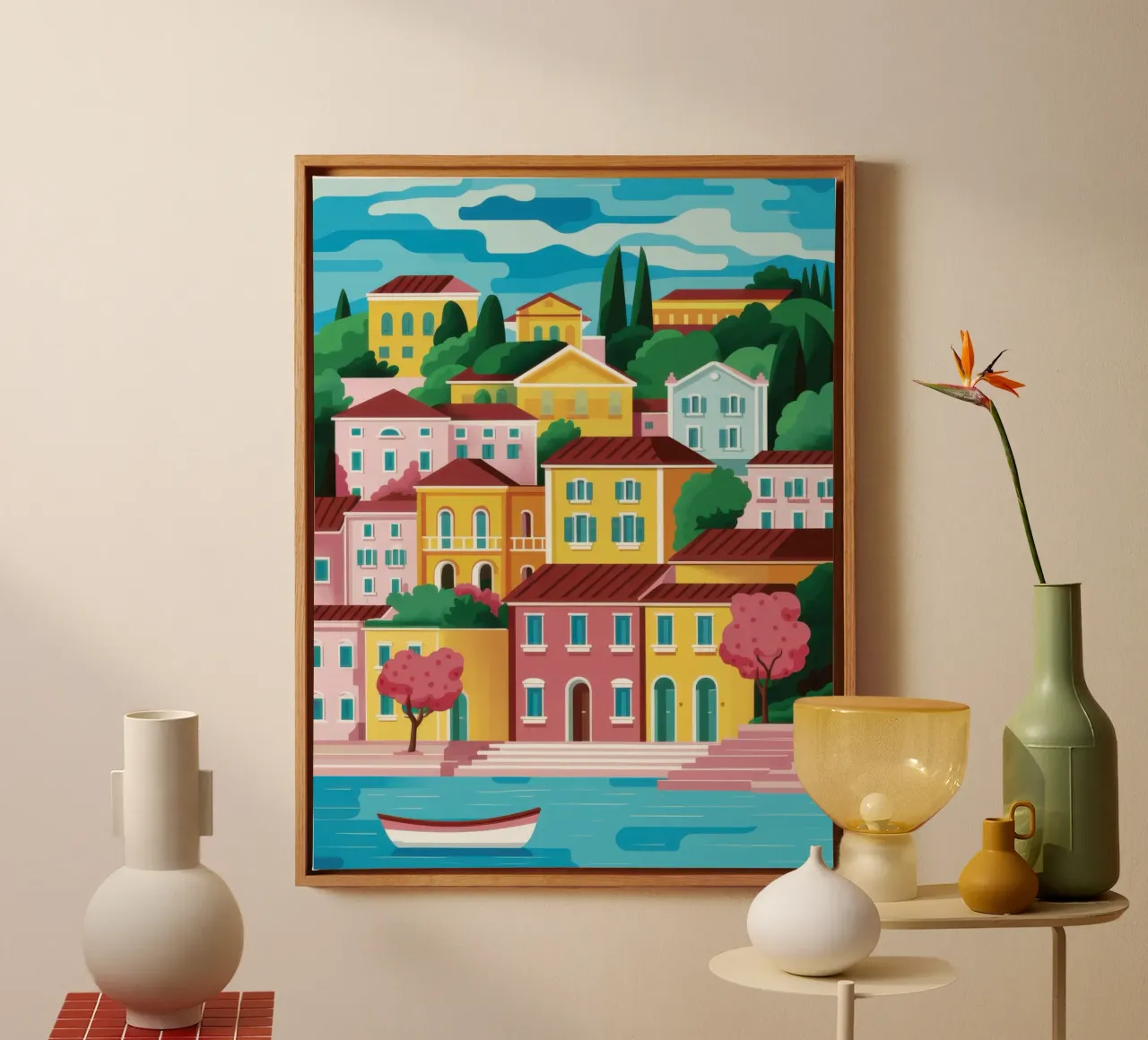 Rustige havenkleuren canvas met Baklijst van Echo Saber