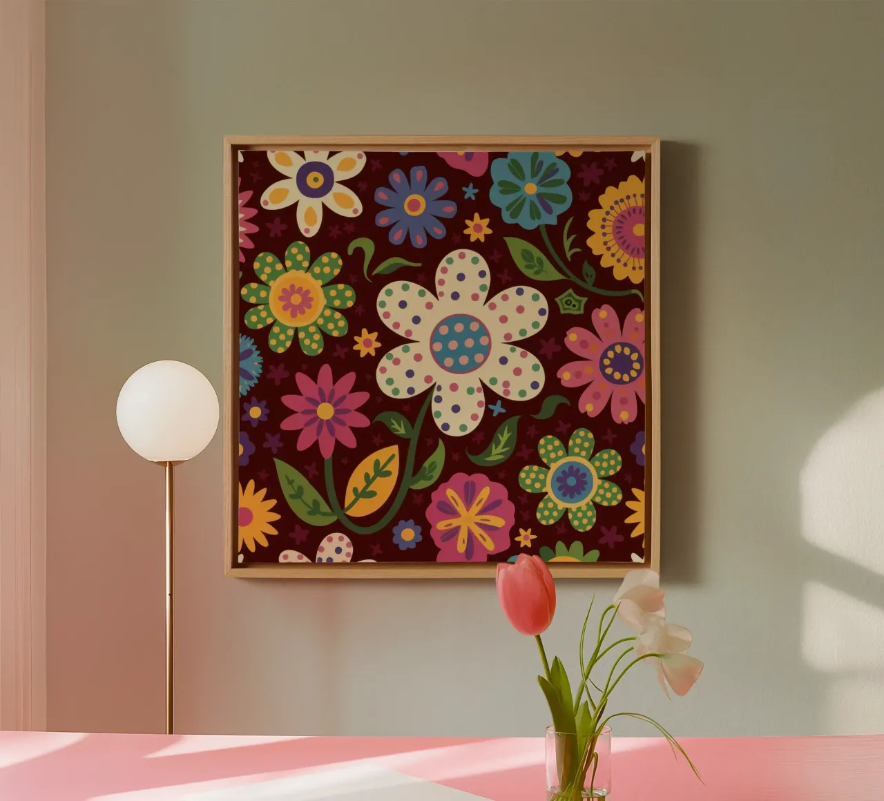 Retro Patchwork Posies canvas with Floater frame by Echo Saber