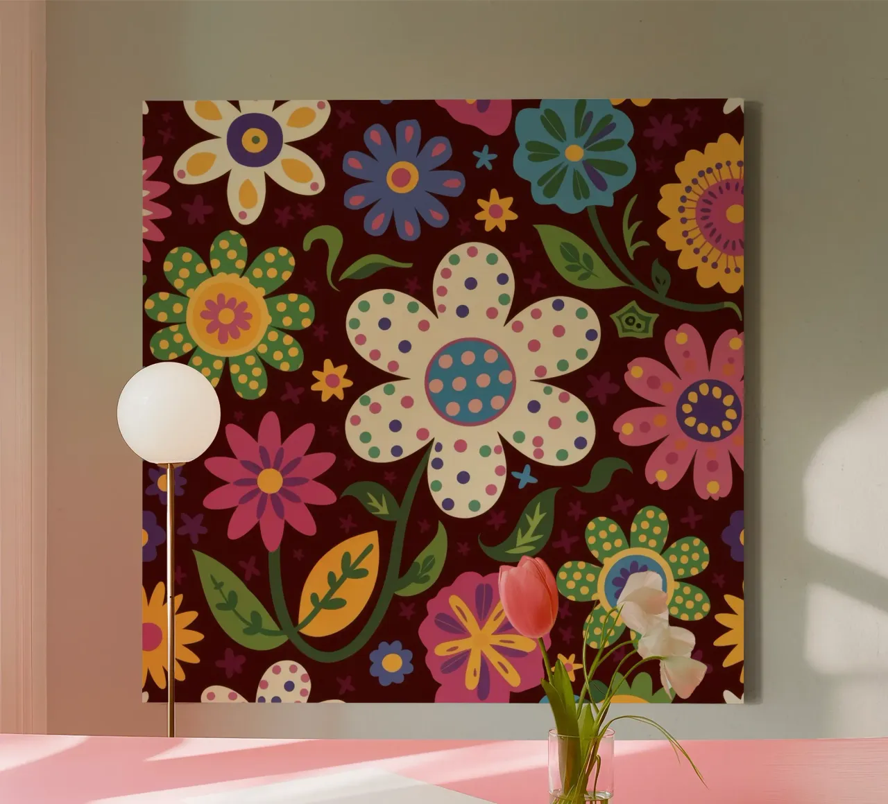 Retro Patchwork Posies canvas with Floater frame by Echo Saber