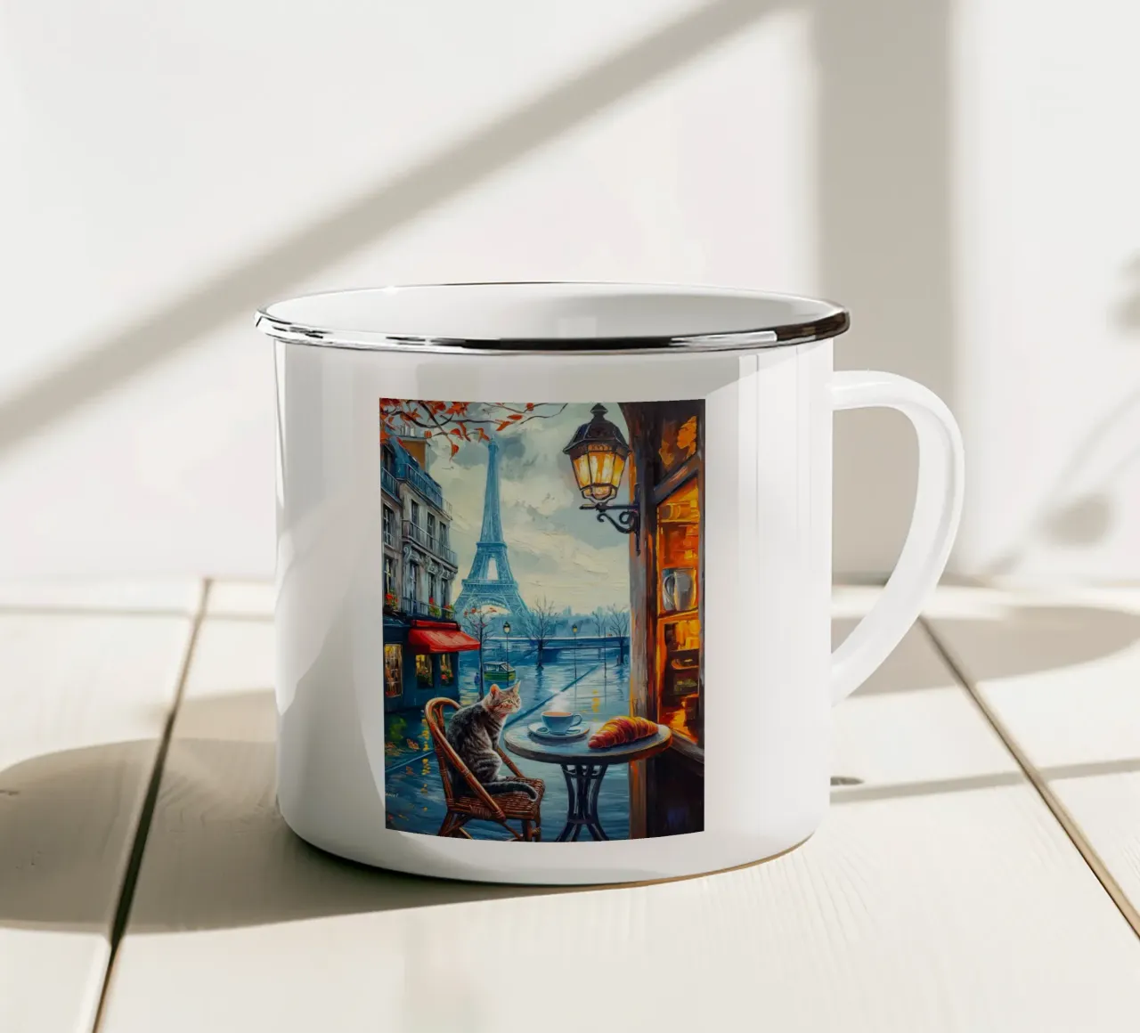 Gatto parigino con caffè e croissant tazza in smalto da Fleur de Lys