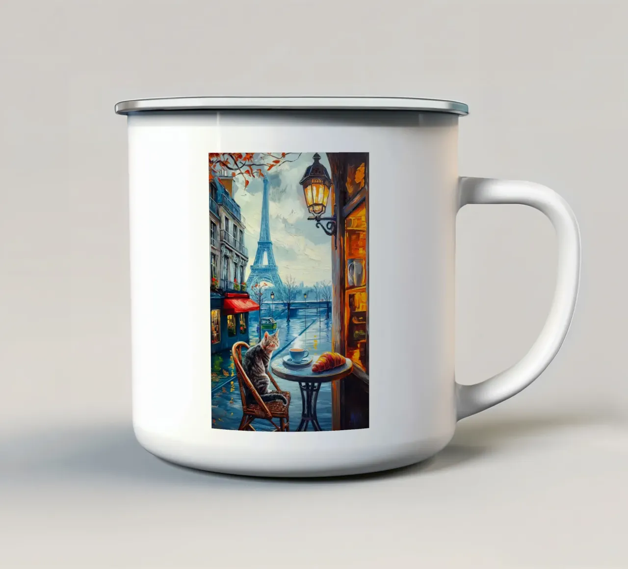 Gatto parigino con caffè e croissant tazza in smalto da Fleur de Lys