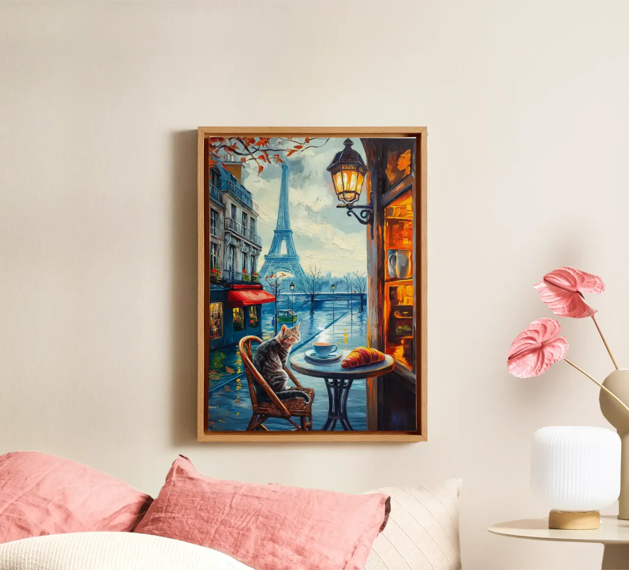 Parisian Cat with Coffee and Croissant canvas with Floater frame by Fleur de Lys