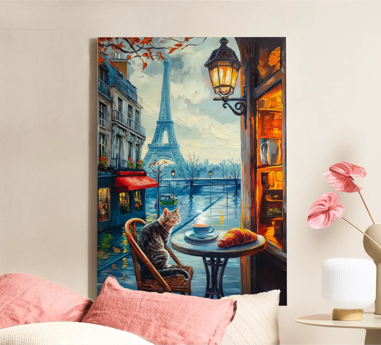 Parisian Cat with Coffee and Croissant canvas with Floater frame by Fleur de Lys