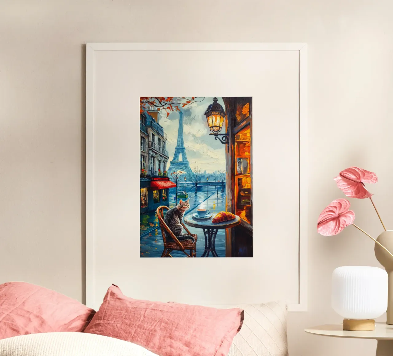 Gatto parigino con caffè e croissant poster da Fleur de Lys