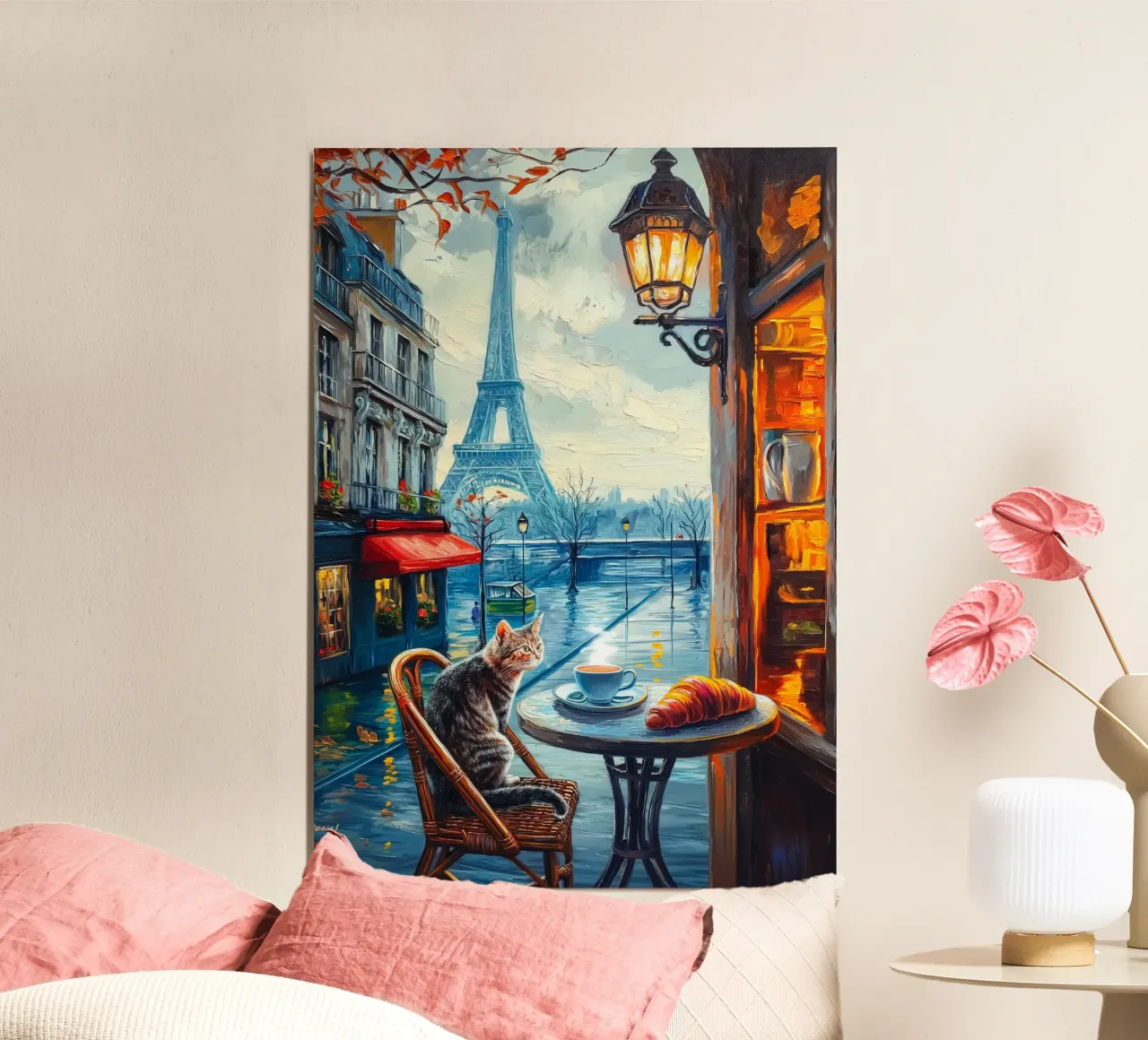 Gatto parigino con caffè e croissant poster da Fleur de Lys