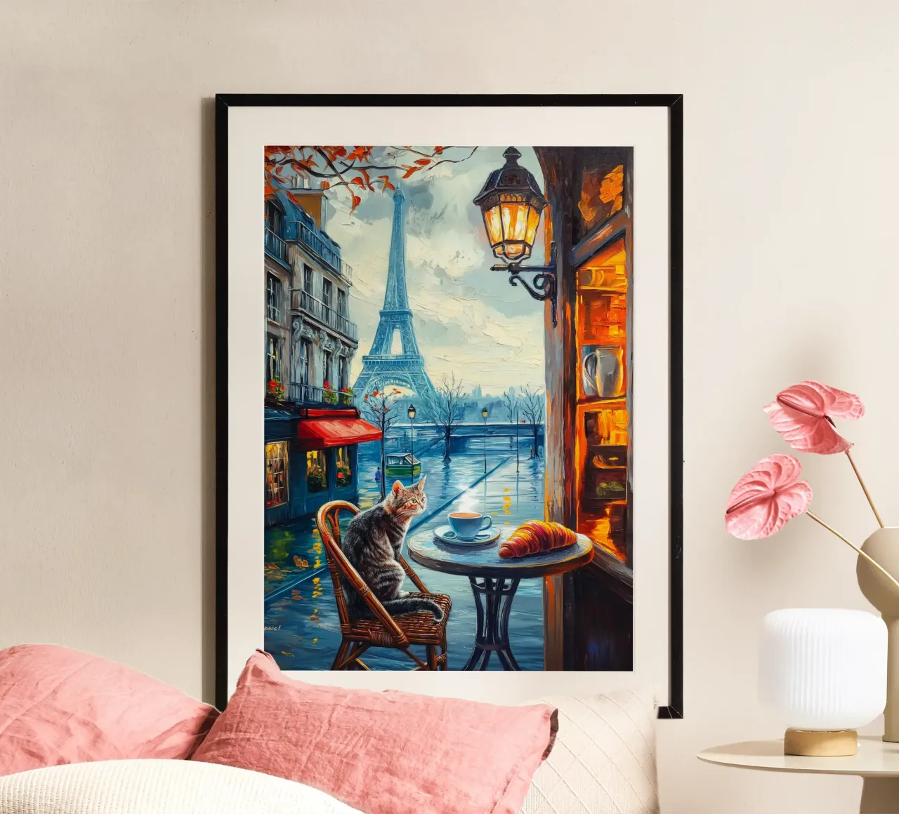 Gatto parigino con caffè e croissant poster da Fleur de Lys