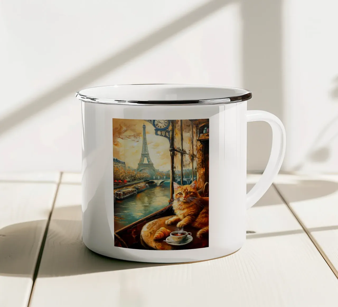 Gatto parigino con caffè e croissant tazza in smalto da Fleur de Lys