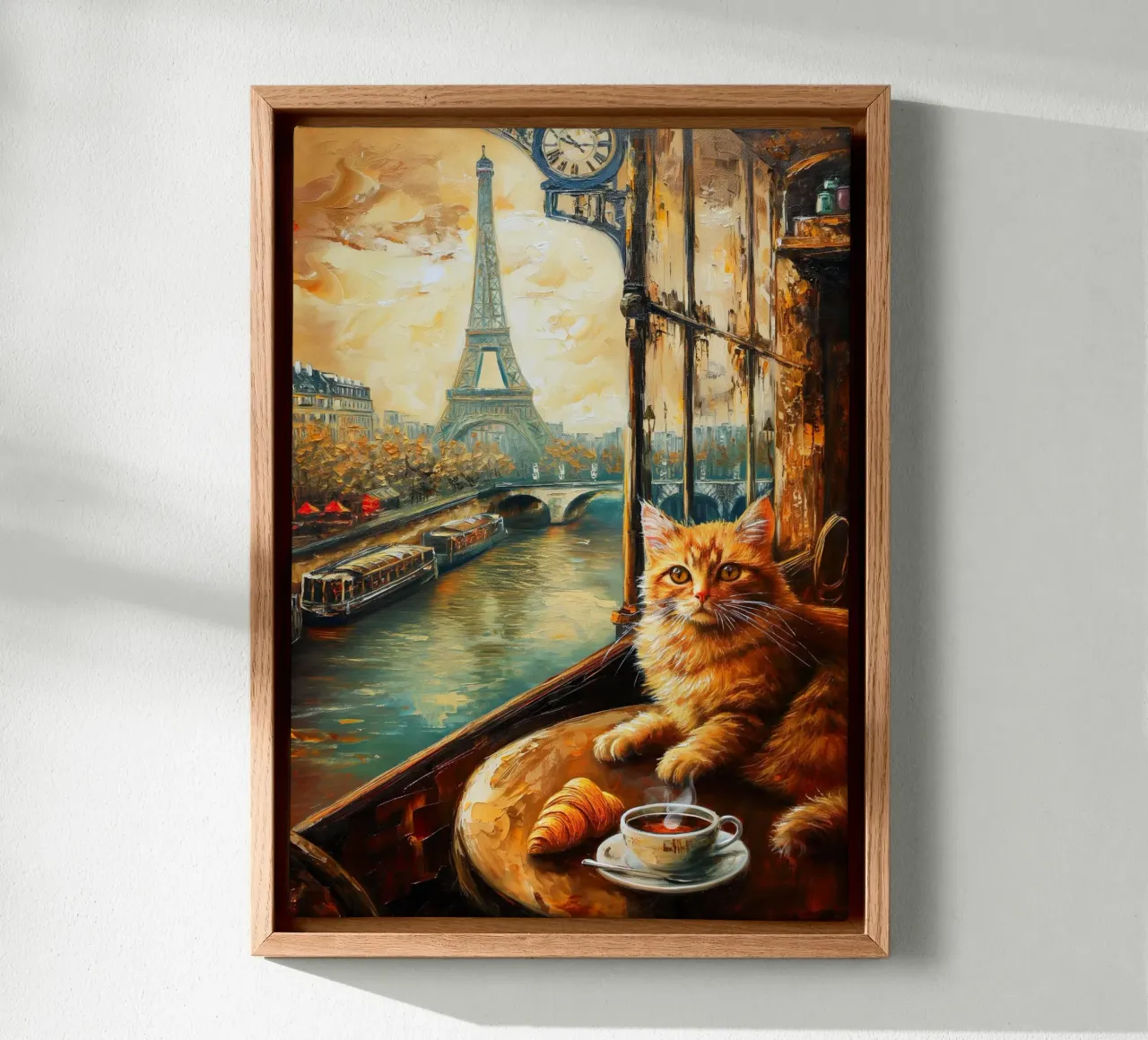 Parisian Cat with Coffee and Croissant canvas with Floater frame by Fleur de Lys