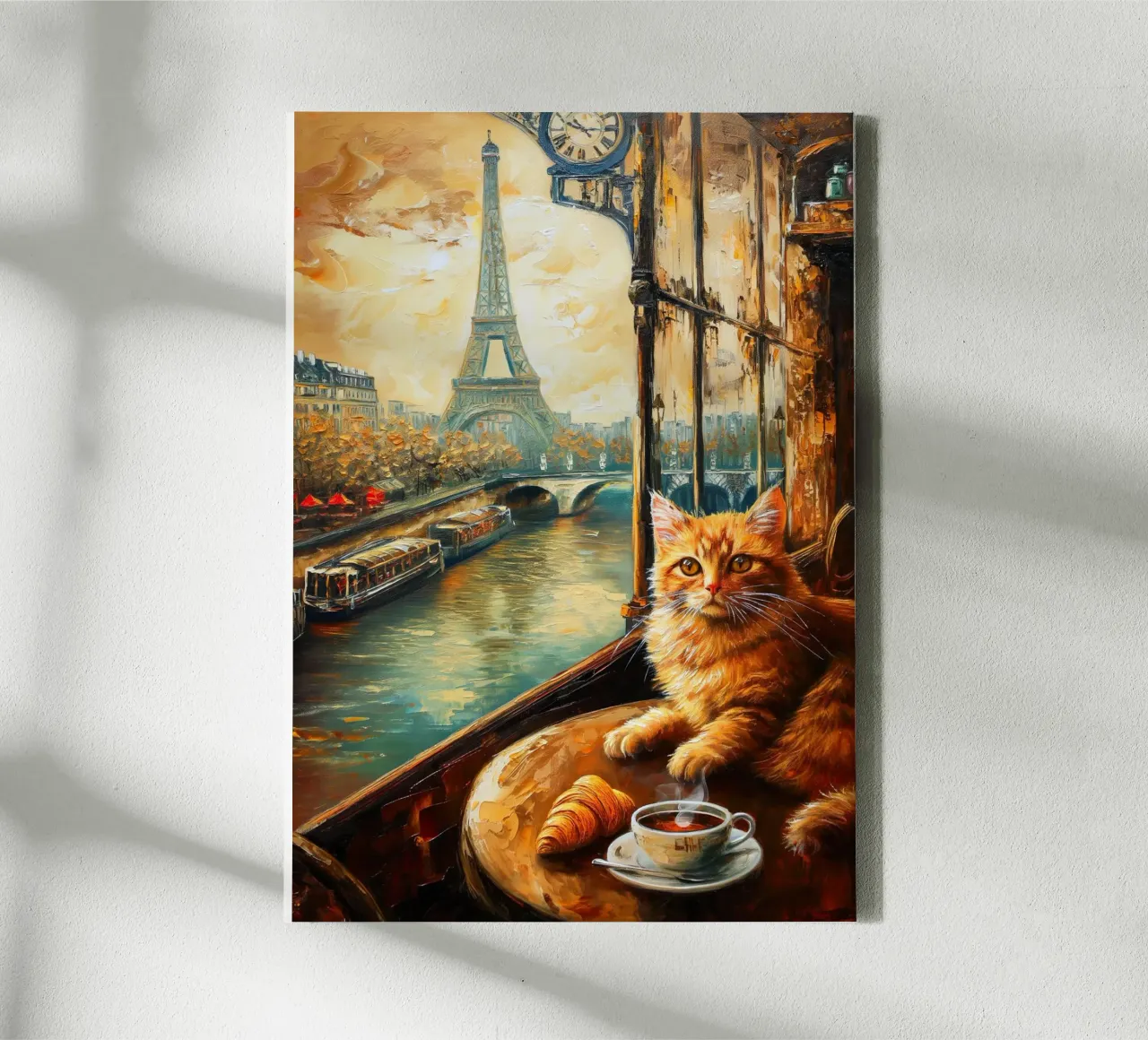 Parisian Cat with Coffee and Croissant canvas with Floater frame by Fleur de Lys
