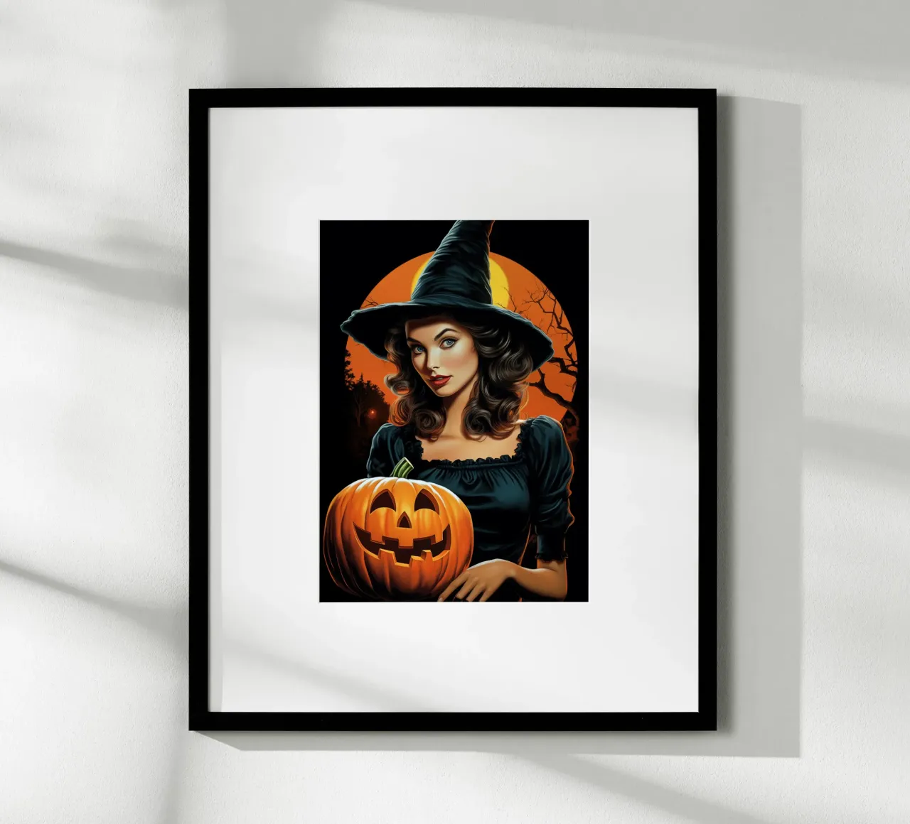 Strega e zucca di Halloween vintage retrò poster con telaio in legno da Fleur de Lys